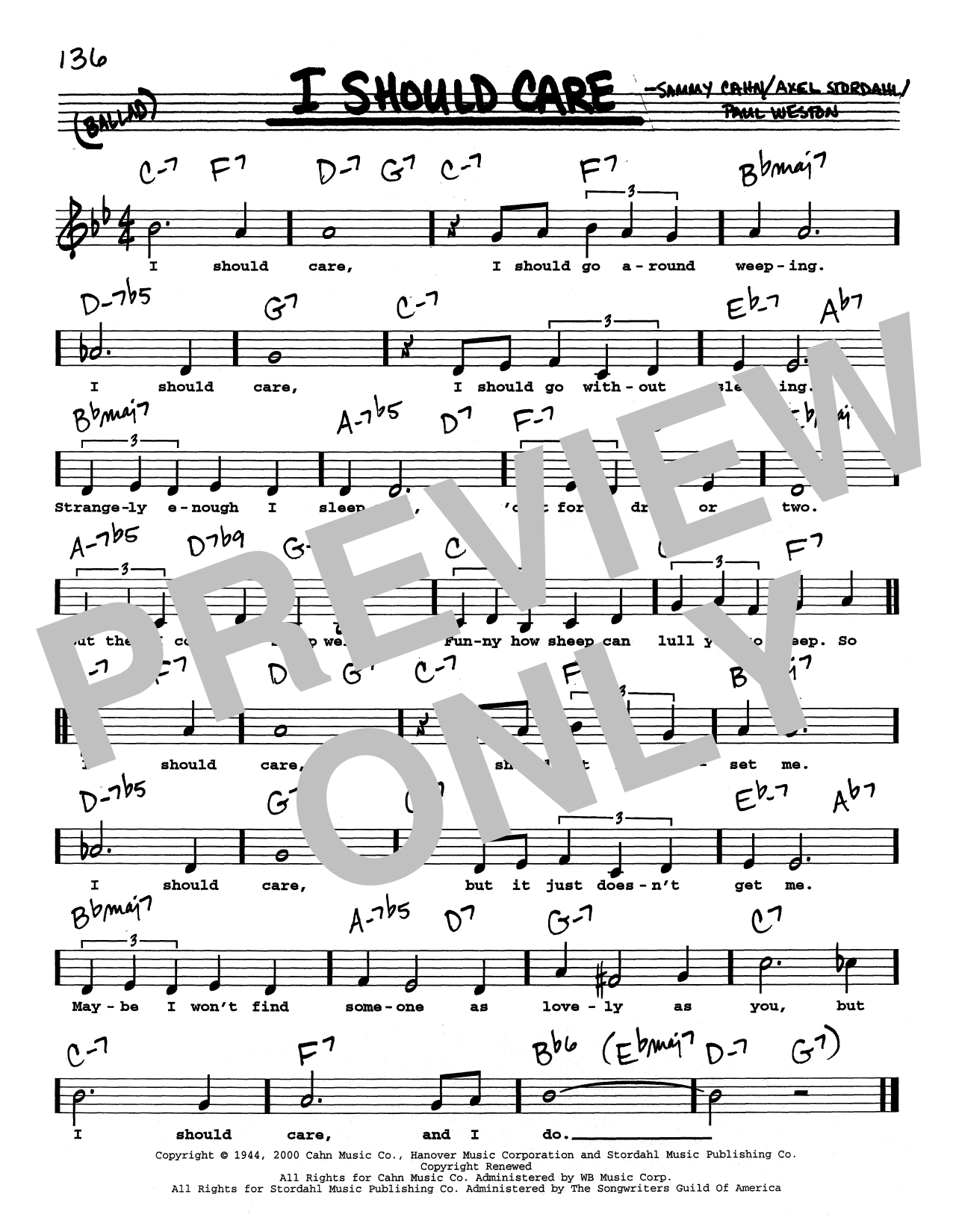 Sammy Cahn I Should Care (Low Voice) sheet music notes and chords arranged for Real Book – Melody, Lyrics & Chords