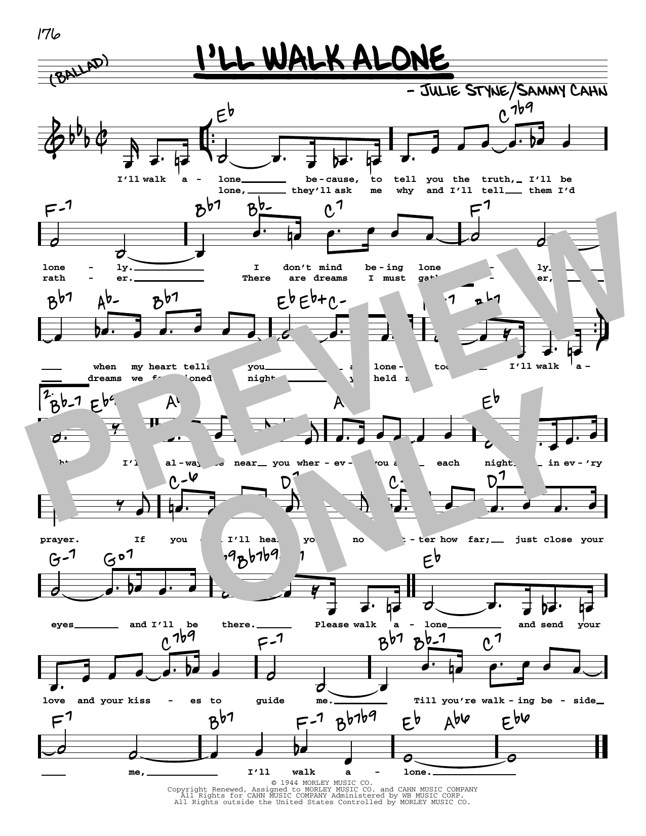 Sammy Cahn I'll Walk Alone (Low Voice) sheet music notes and chords arranged for Real Book – Melody, Lyrics & Chords