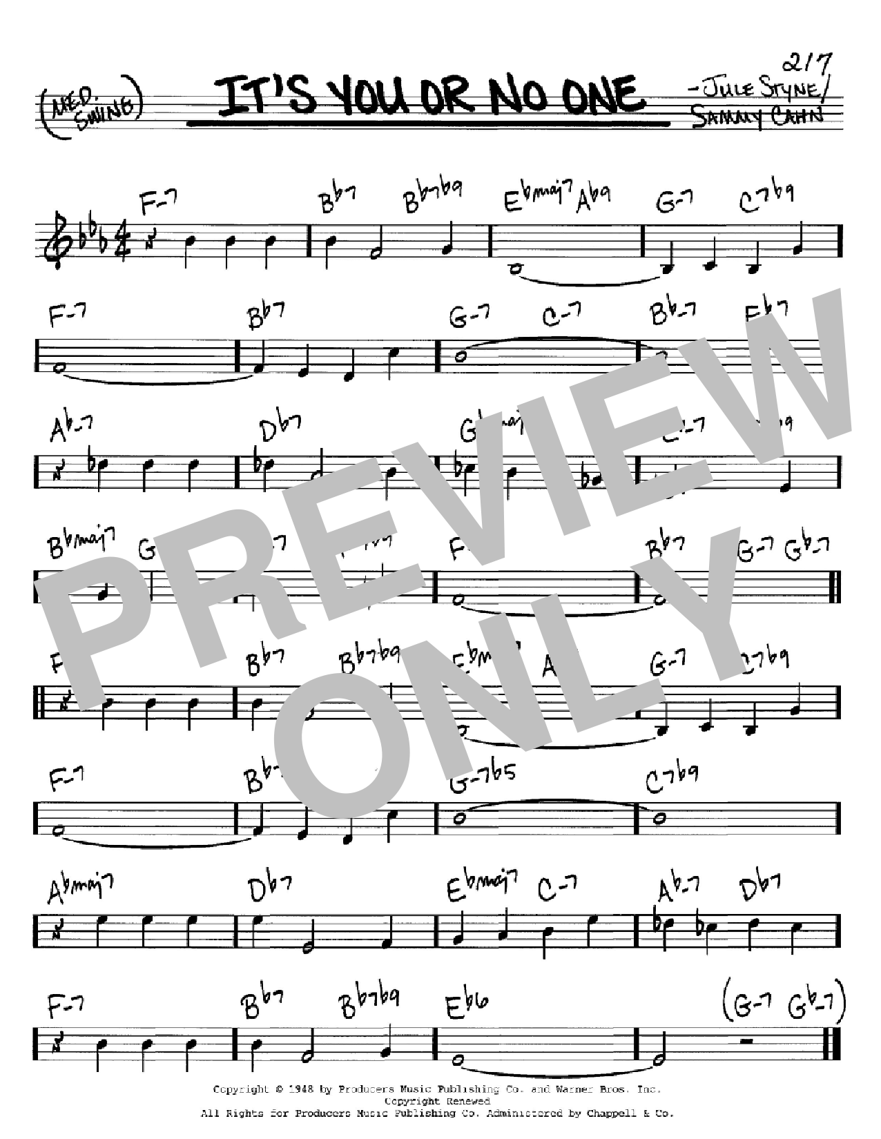Sammy Cahn It's You Or No One sheet music notes and chords arranged for Real Book – Melody & Chords – C Instruments