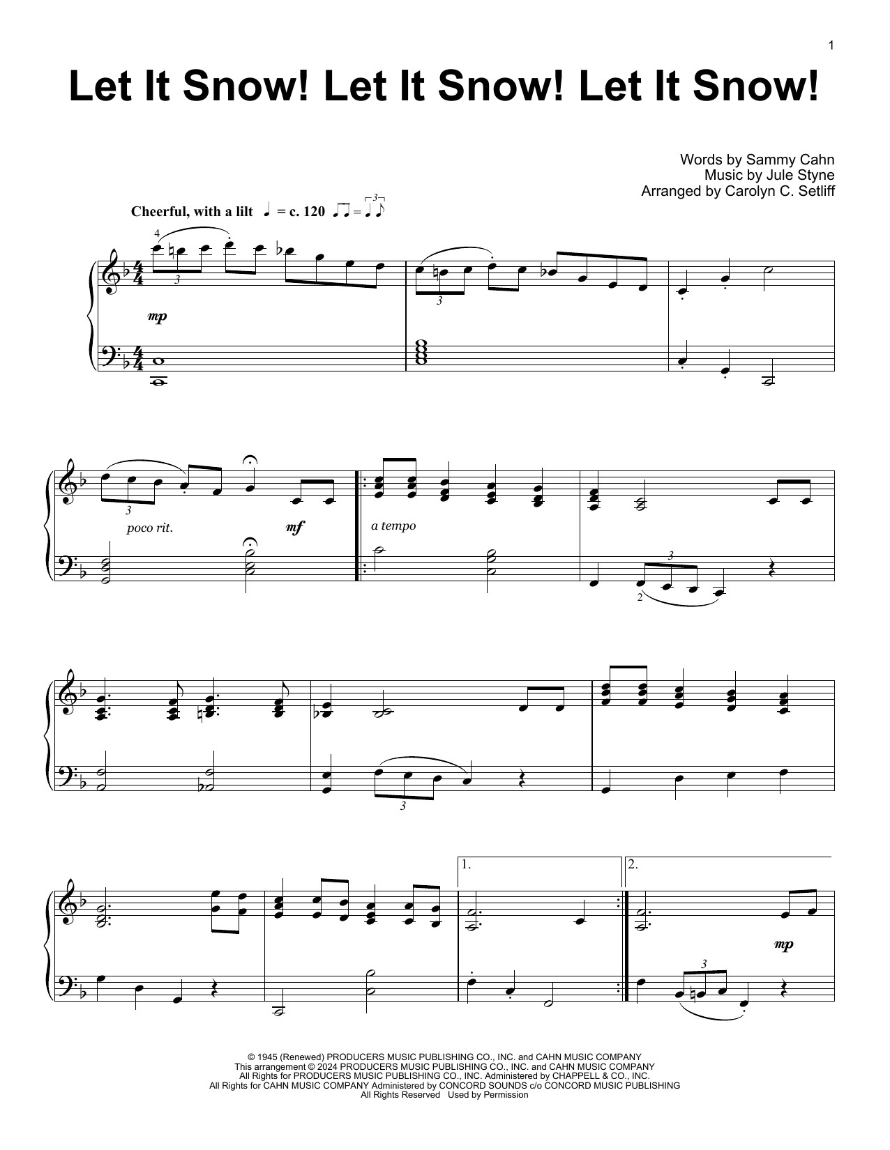 Sammy Cahn Let It Snow! Let It Snow! Let It Snow! (arr. Carolyn C. Setliff) sheet music notes and chords arranged for Educational Piano