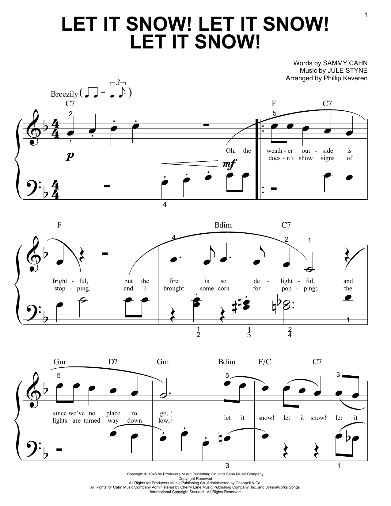 Sammy Cahn Let It Snow! Let It Snow! Let It Snow! (arr. Phillip Keveren) sheet music notes and chords arranged for Beginning Piano Solo