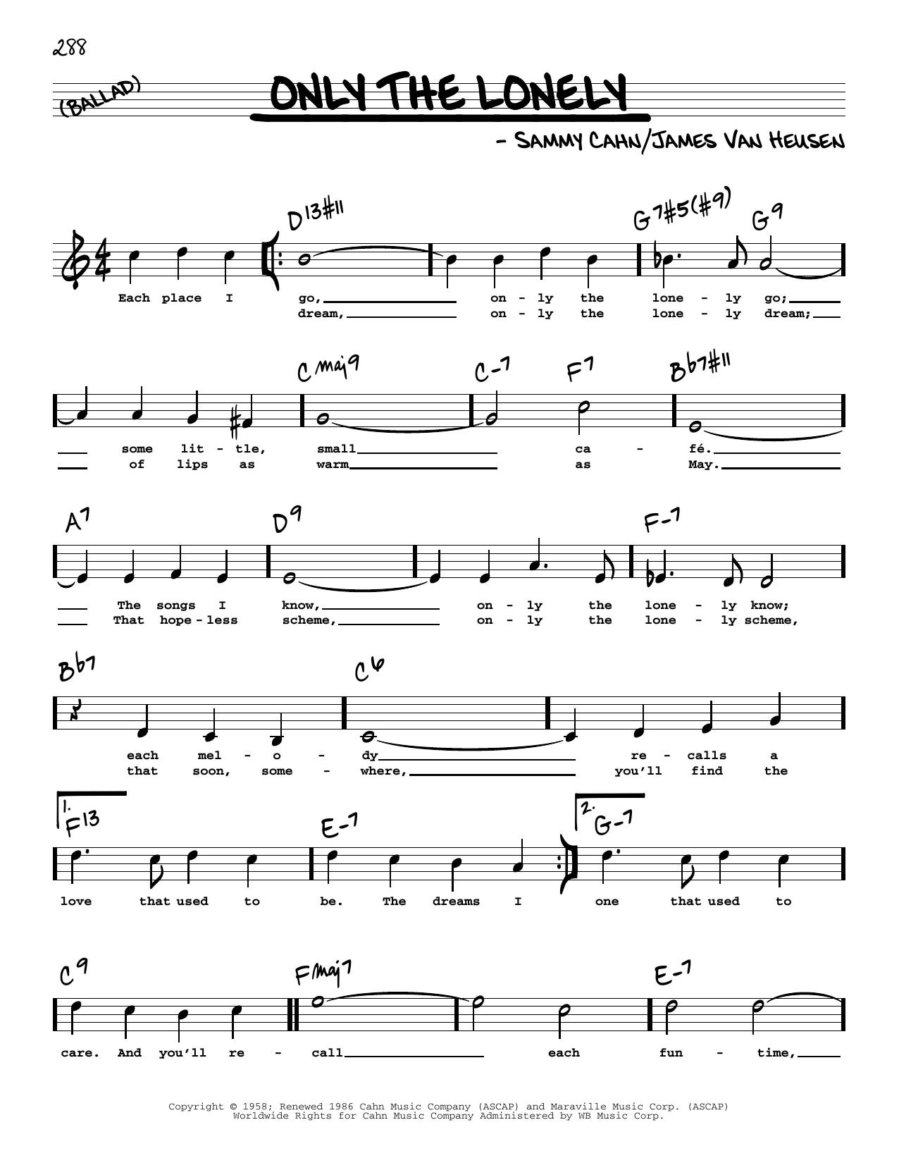 Sammy Cahn Only The Lonely (High Voice) sheet music notes and chords arranged for Real Book – Melody, Lyrics & Chords