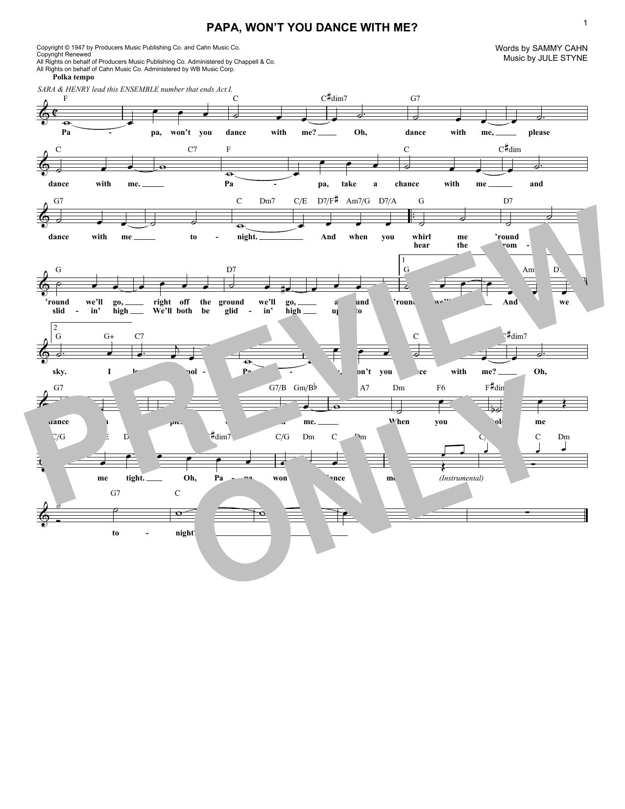 Sammy Cahn Papa, Won't You Dance With Me? sheet music notes and chords arranged for Lead Sheet / Fake Book
