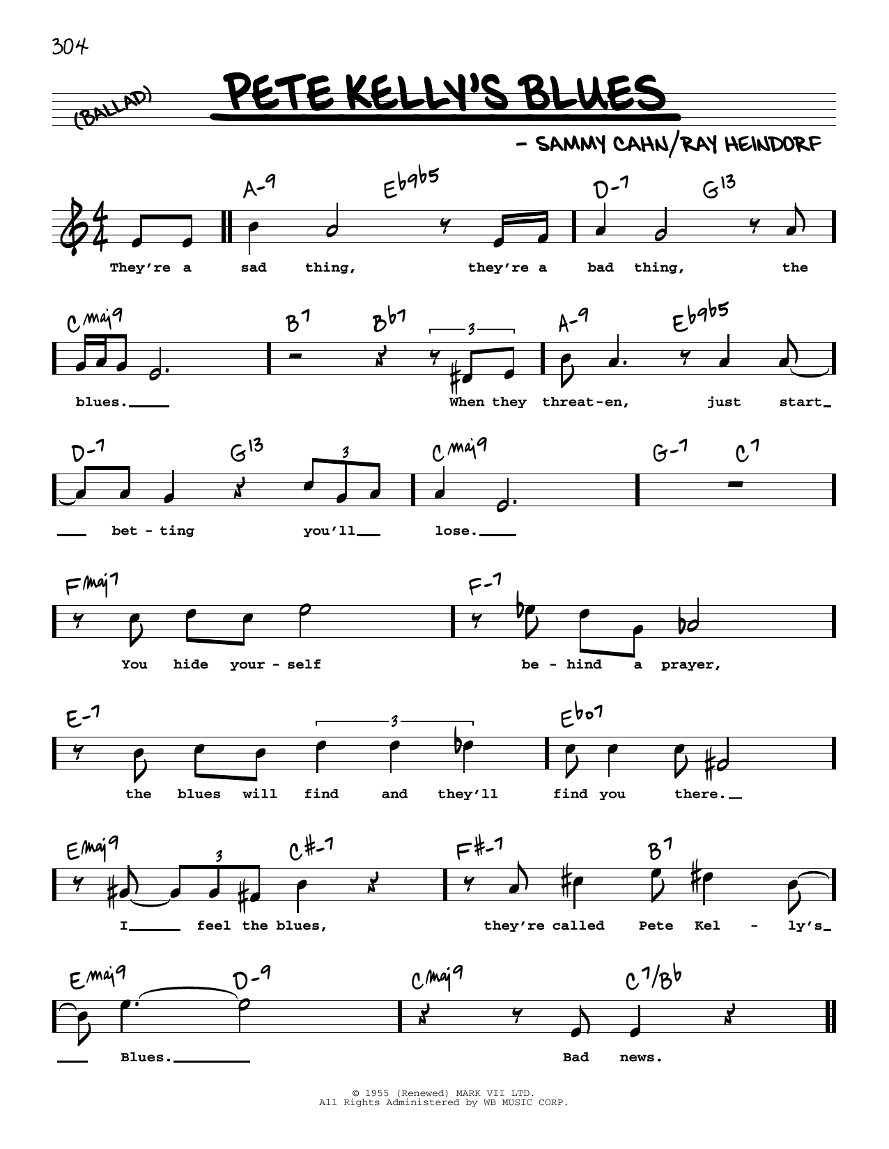 Sammy Cahn Pete Kelly's Blues (High Voice) sheet music notes and chords arranged for Real Book – Melody, Lyrics & Chords