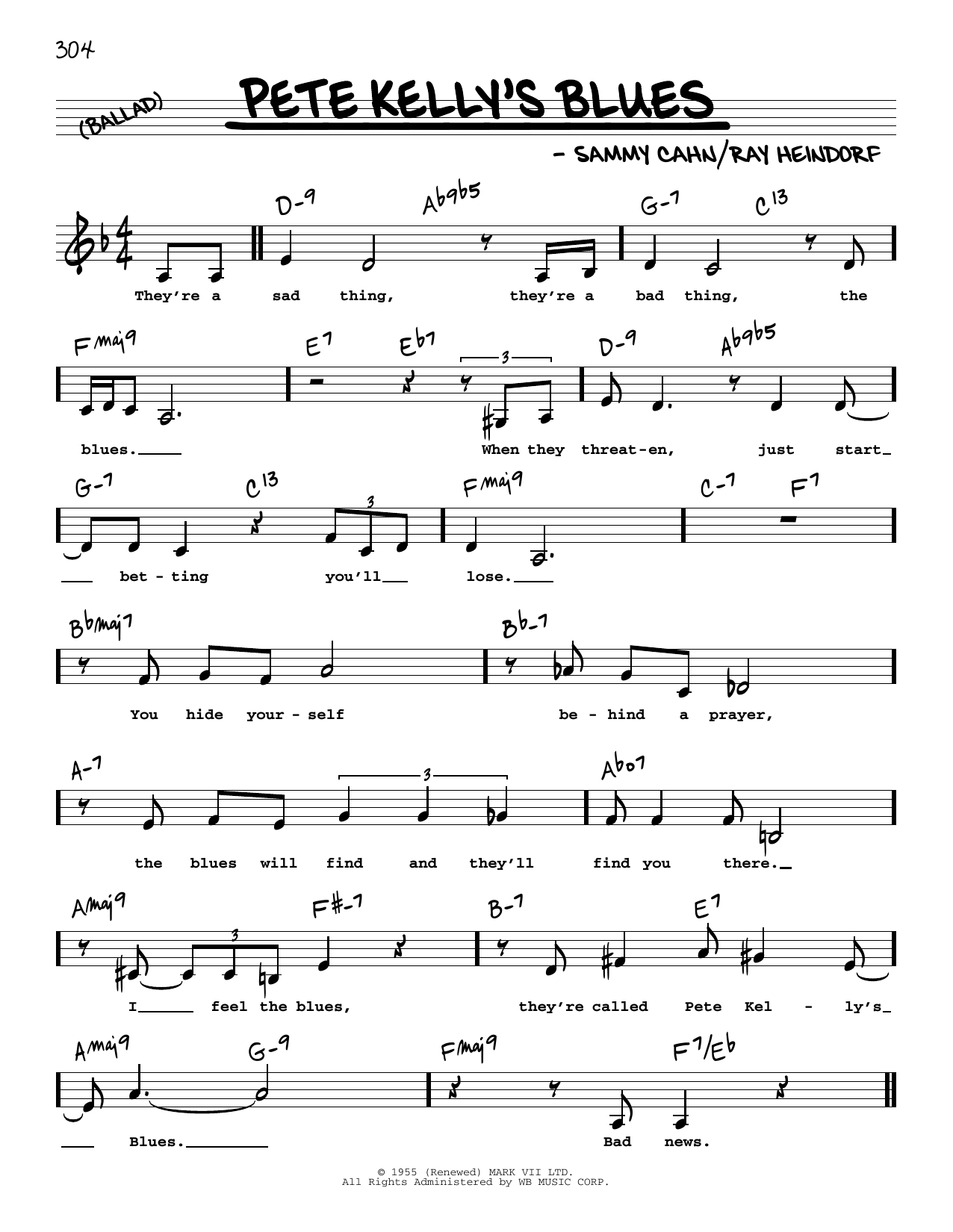 Sammy Cahn Pete Kelly's Blues (Low Voice) sheet music notes and chords arranged for Real Book – Melody, Lyrics & Chords