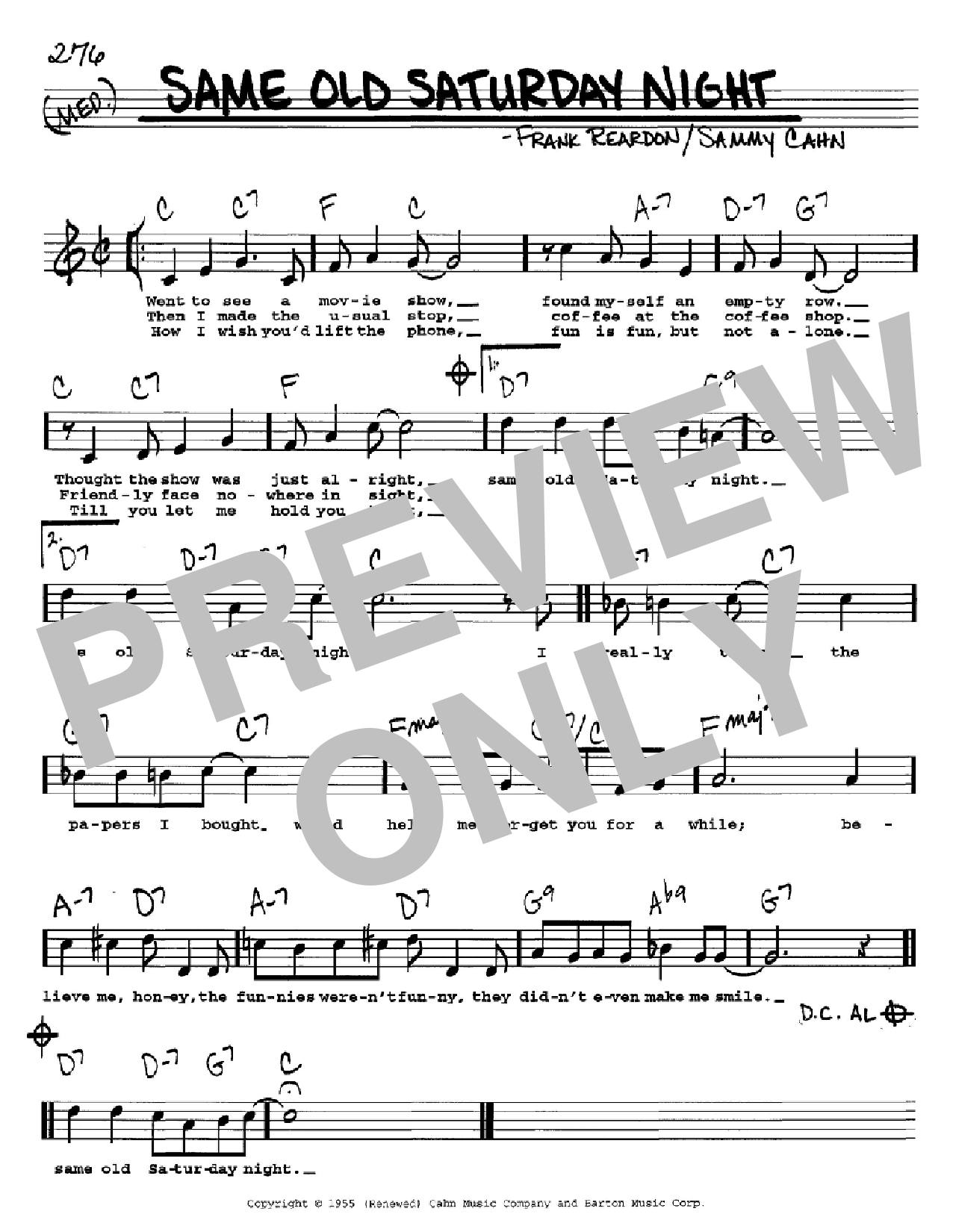 Sammy Cahn Same Old Saturday Night sheet music notes and chords arranged for Real Book – Melody, Lyrics & Chords