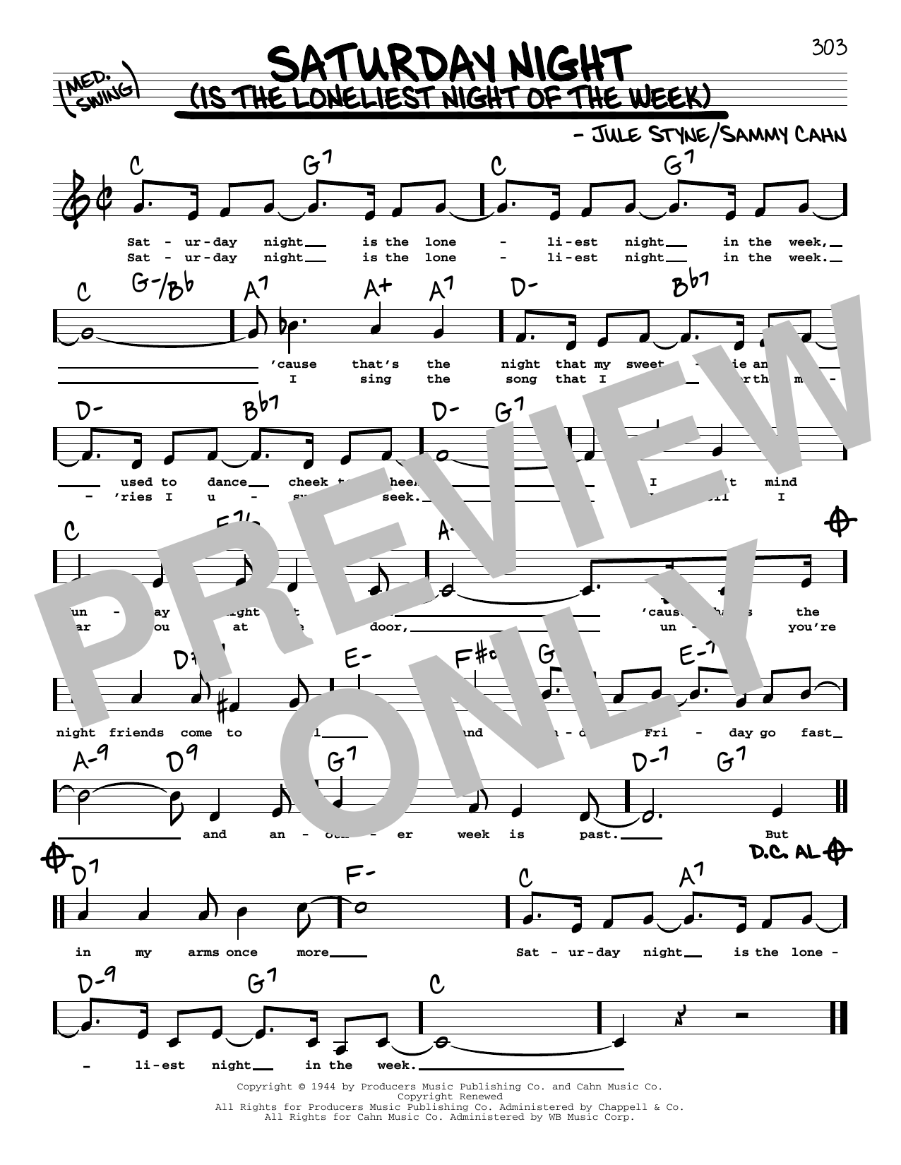 Sammy Cahn Saturday Night (Is The Loneliest Night Of The Week) (Low Voice) sheet music notes and chords arranged for Real Book – Melody, Lyrics & Chords
