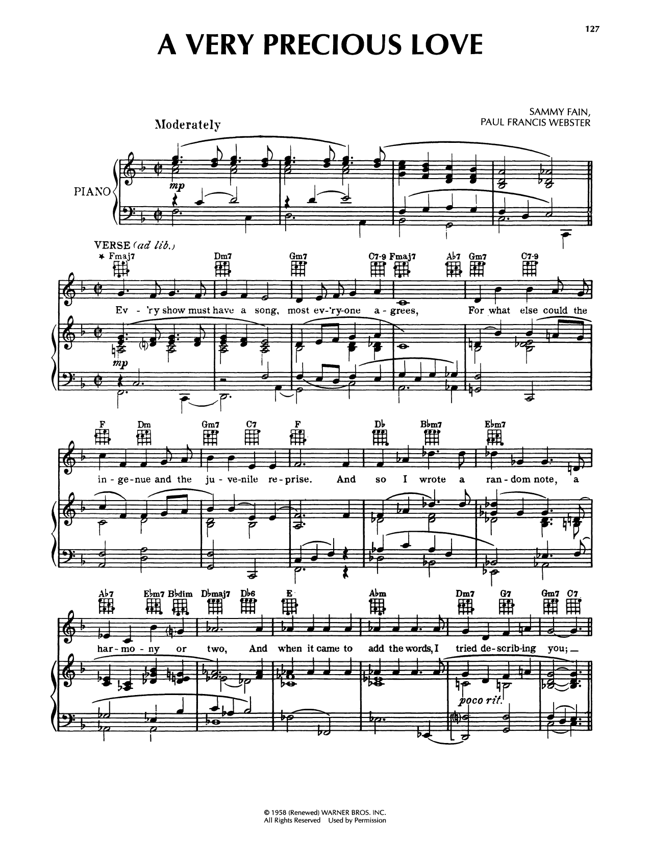 Sammy Fain A Very Precious Love sheet music notes and chords arranged for Piano, Vocal & Guitar Chords (Right-Hand Melody)
