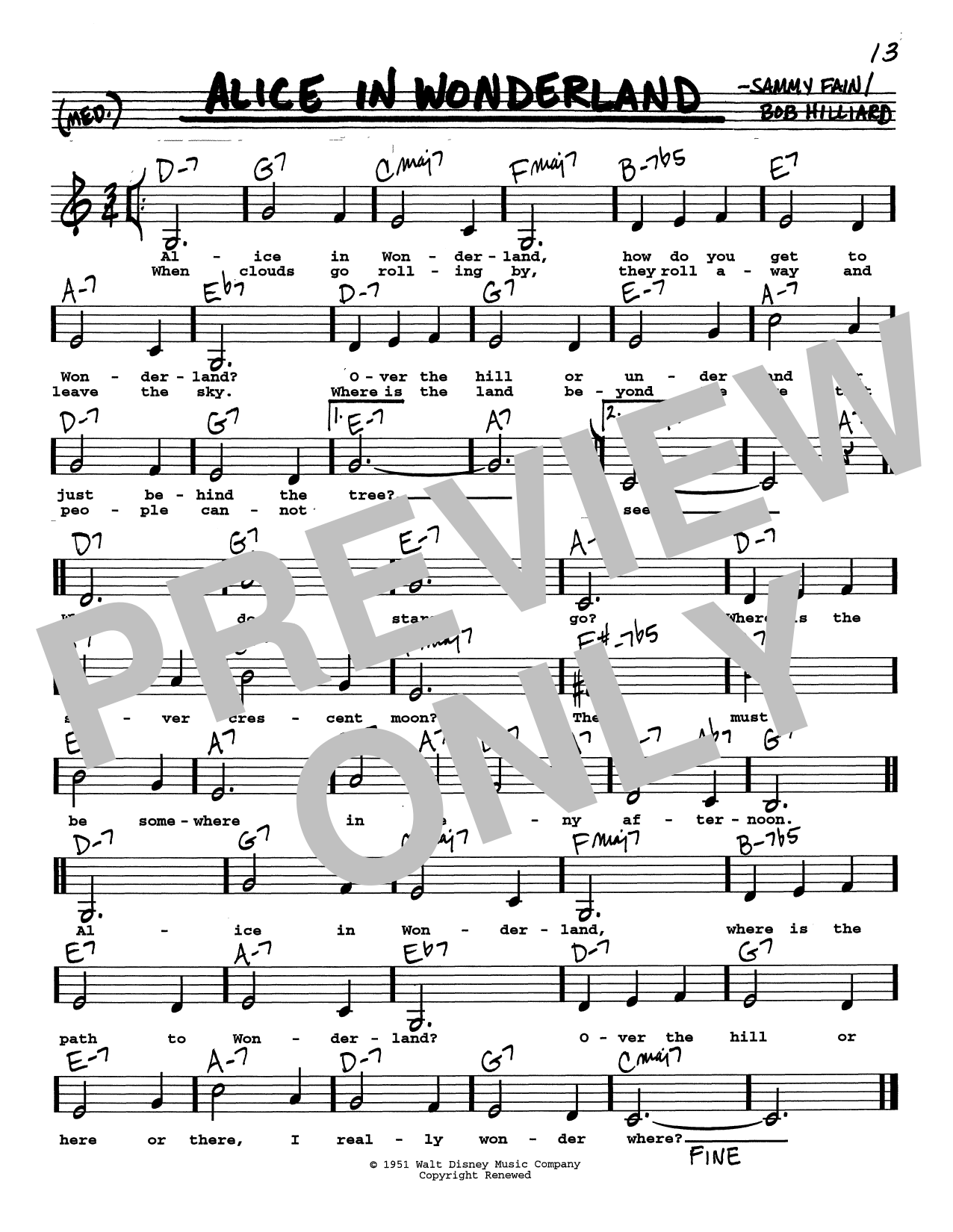 Sammy Fain Alice In Wonderland (Low Voice) sheet music notes and chords arranged for Real Book – Melody, Lyrics & Chords