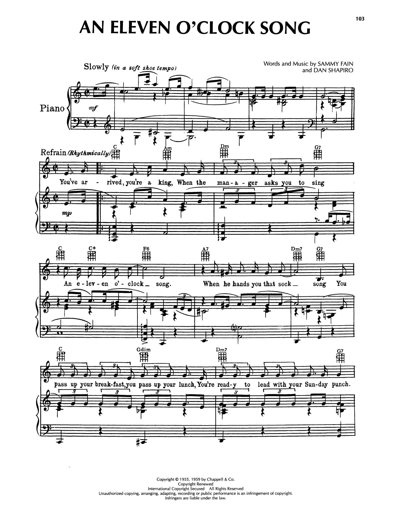 Sammy Fain An Eleven O' Clock Song (from Ankles Aweigh) sheet music notes and chords arranged for Piano, Vocal & Guitar Chords (Right-Hand Melody)
