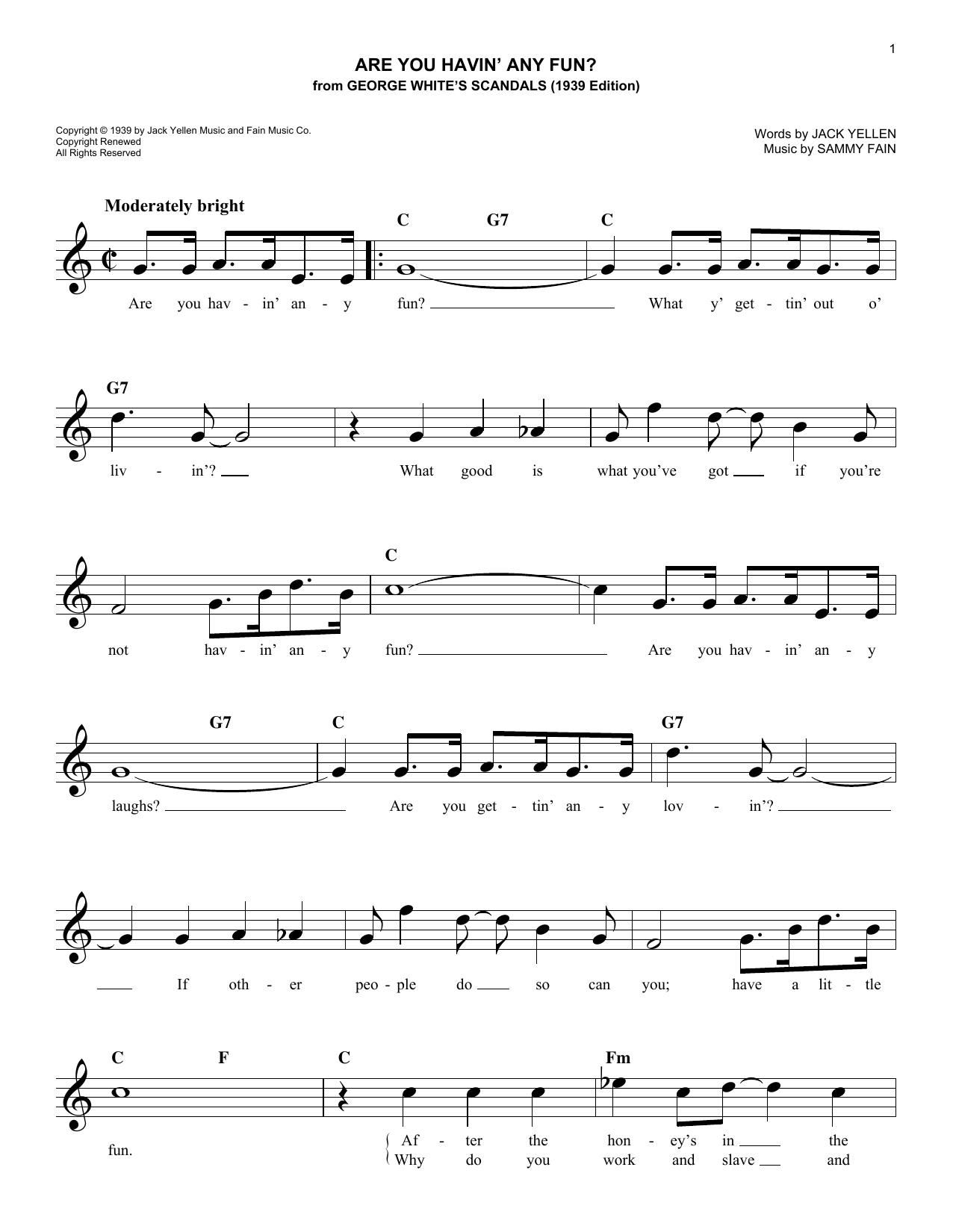 Sammy Fain Are You Havin' Any Fun? sheet music notes and chords arranged for Easy Lead Sheet / Fake Book