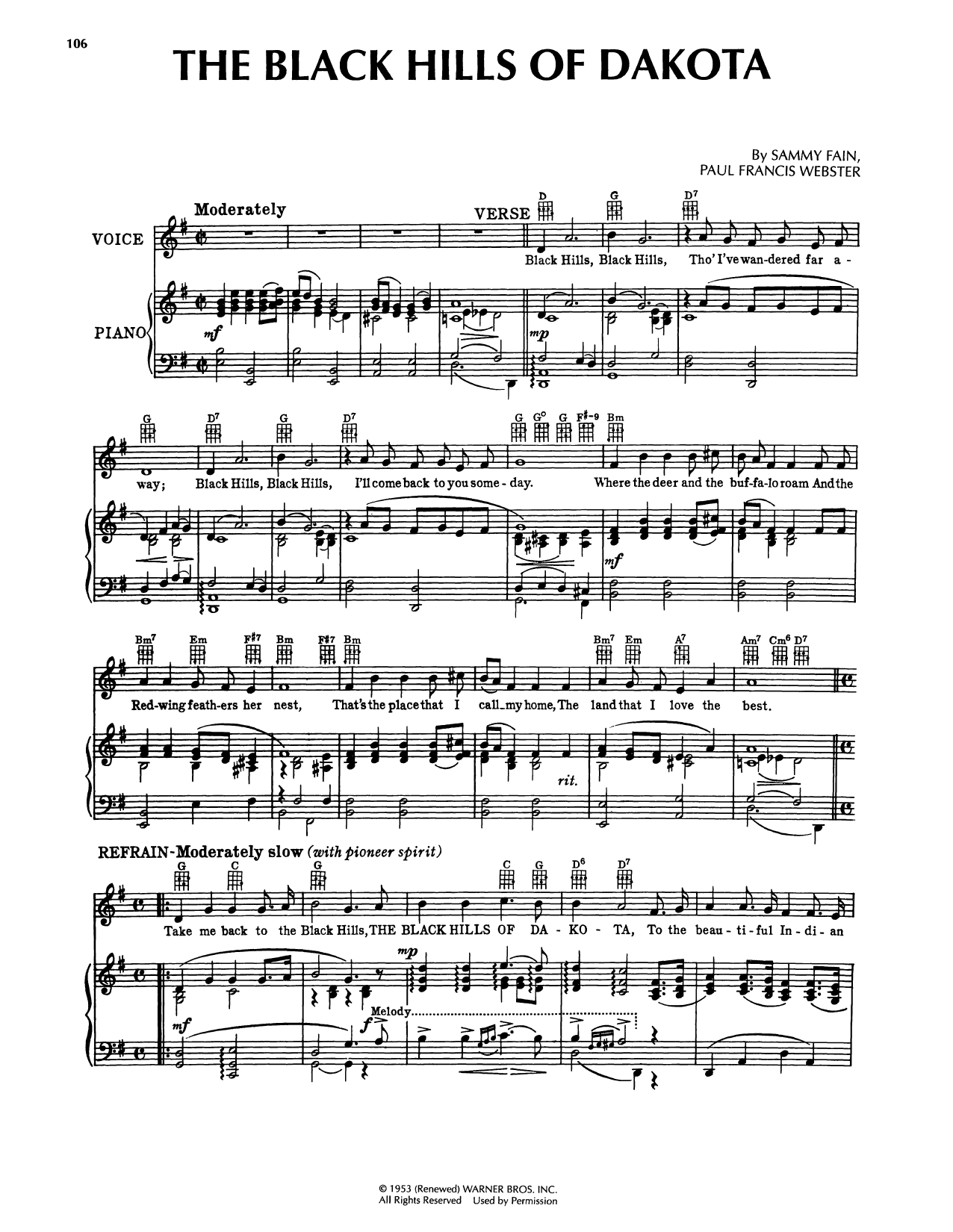 Sammy Fain Black Hills Of Dakota (from Calamity Jane) sheet music notes and chords arranged for Piano, Vocal & Guitar Chords (Right-Hand Melody)