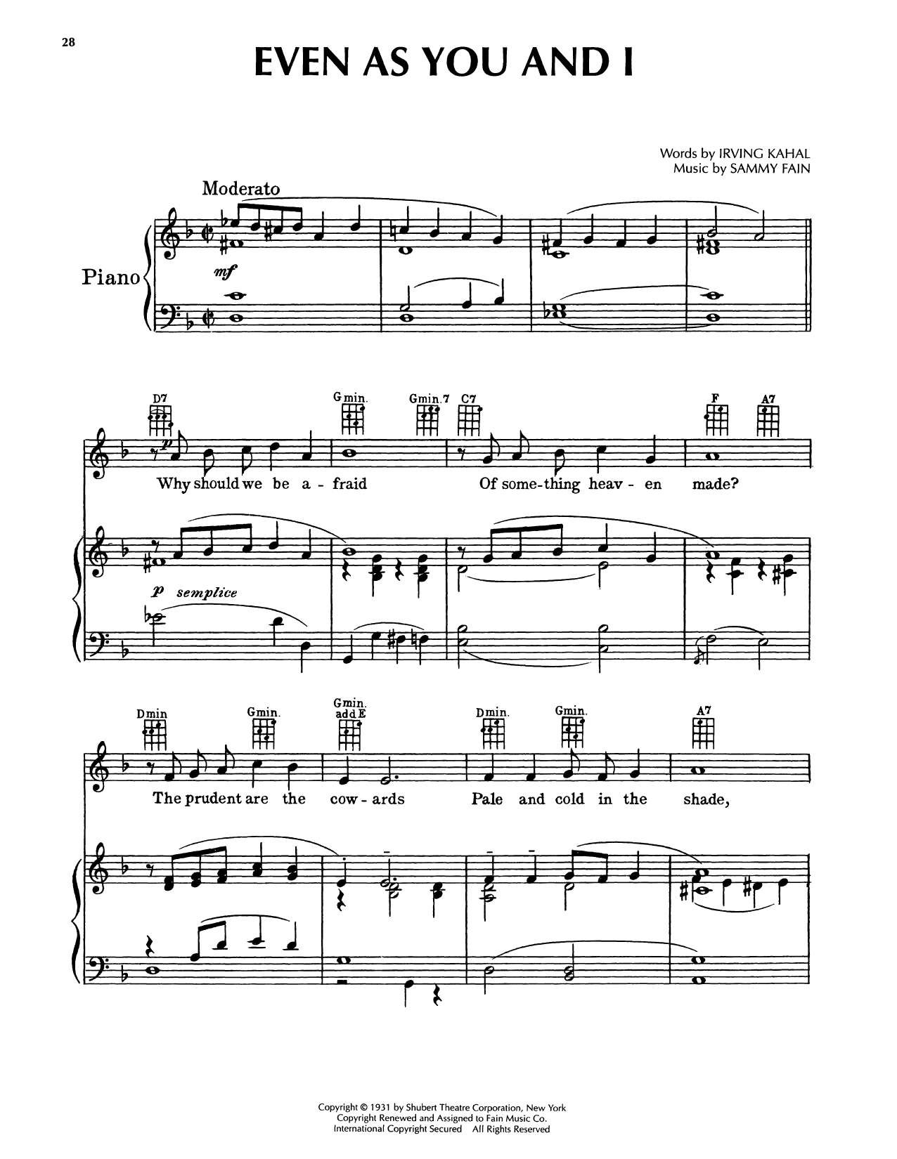 Sammy Fain Even As You And I sheet music notes and chords arranged for Piano, Vocal & Guitar Chords (Right-Hand Melody)