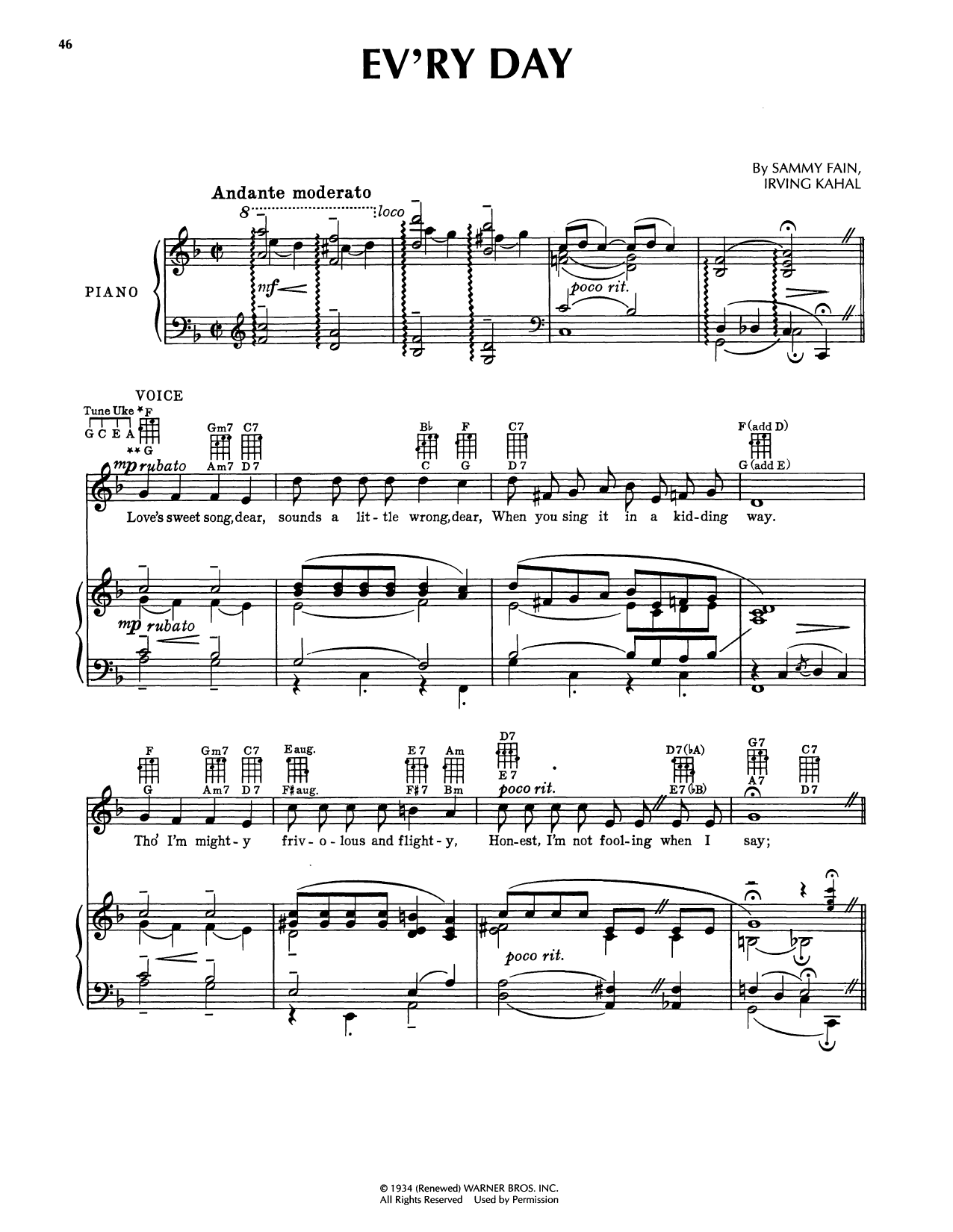 Sammy Fain Ev'ry Day (from Sweet Music) sheet music notes and chords arranged for Piano, Vocal & Guitar Chords (Right-Hand Melody)