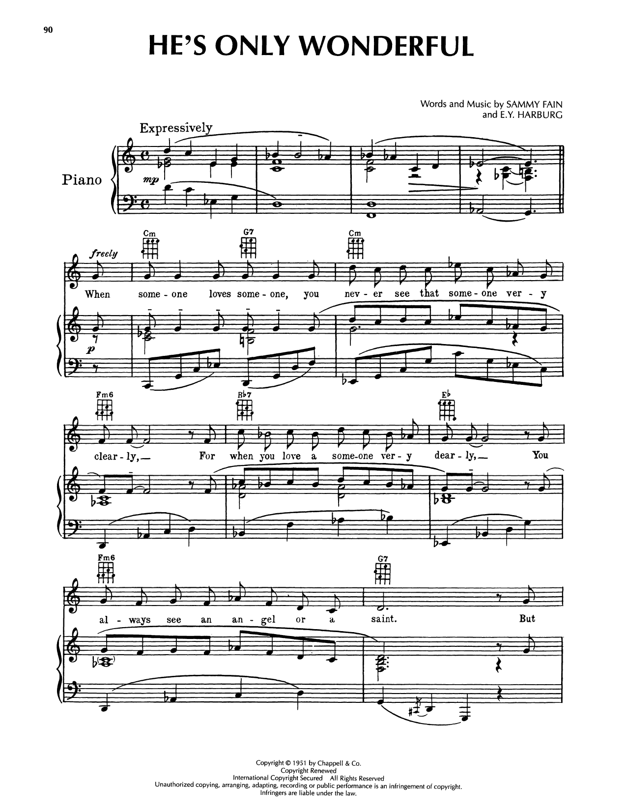 Sammy Fain He's Only Wonderful (from Flahooley) sheet music notes and chords arranged for Piano, Vocal & Guitar Chords (Right-Hand Melody)