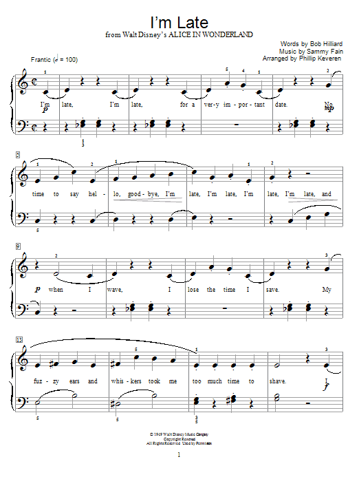 Sammy Fain I'm Late (from Alice In Wonderland) (arr. Phillip Keveren) sheet music notes and chords arranged for Educational Piano