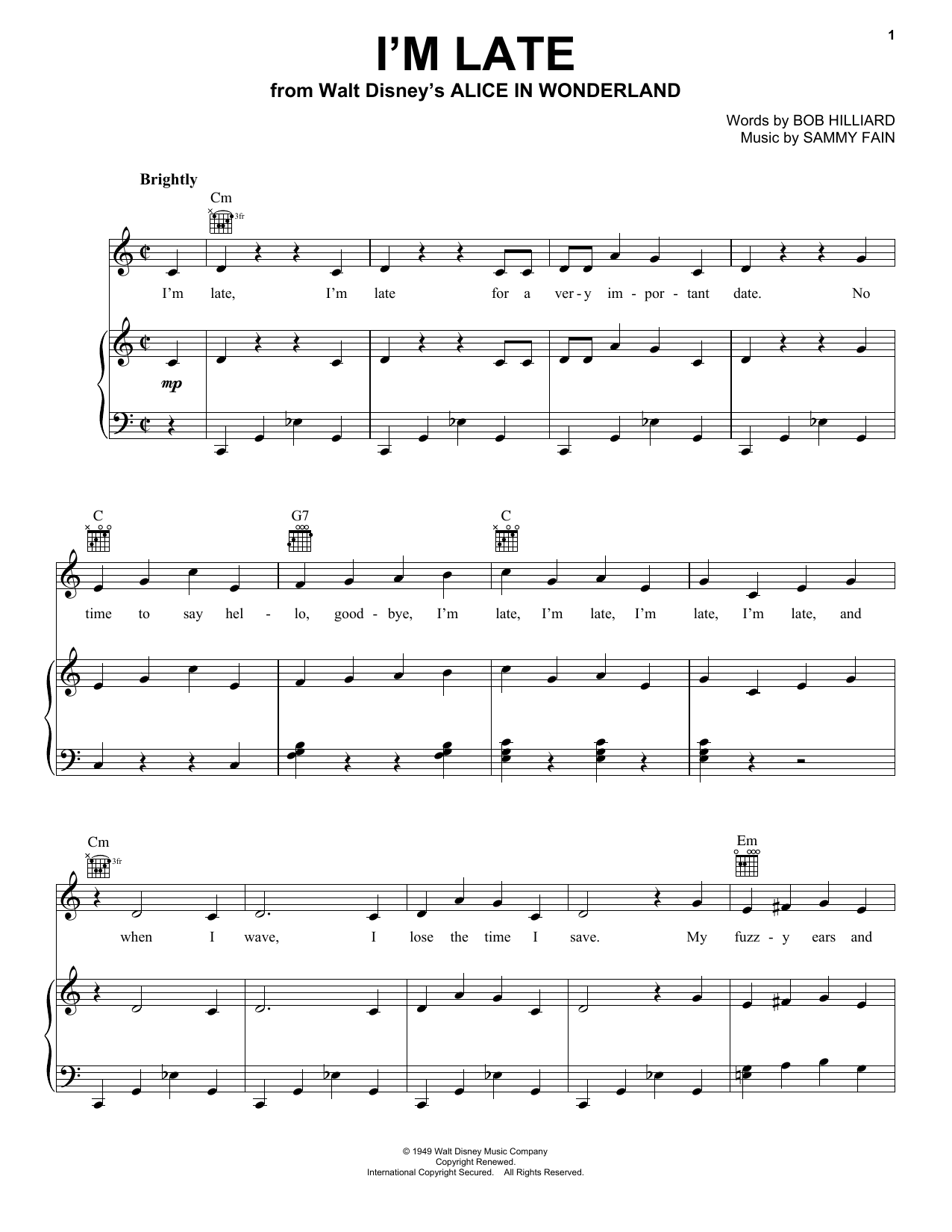 Sammy Fain I'm Late (from Alice In Wonderland) sheet music notes and chords arranged for Ukulele Chords/Lyrics