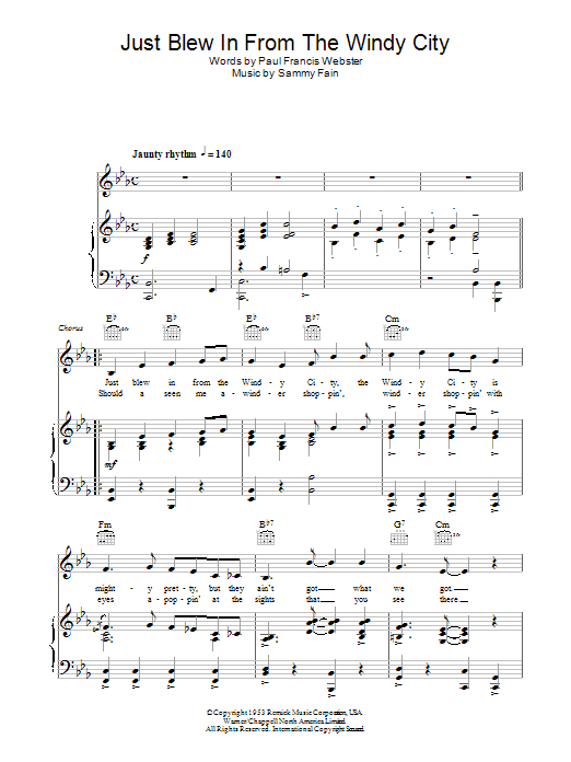 Sammy Fain Just Blew In From The Windy City sheet music notes and chords arranged for Piano, Vocal & Guitar Chords