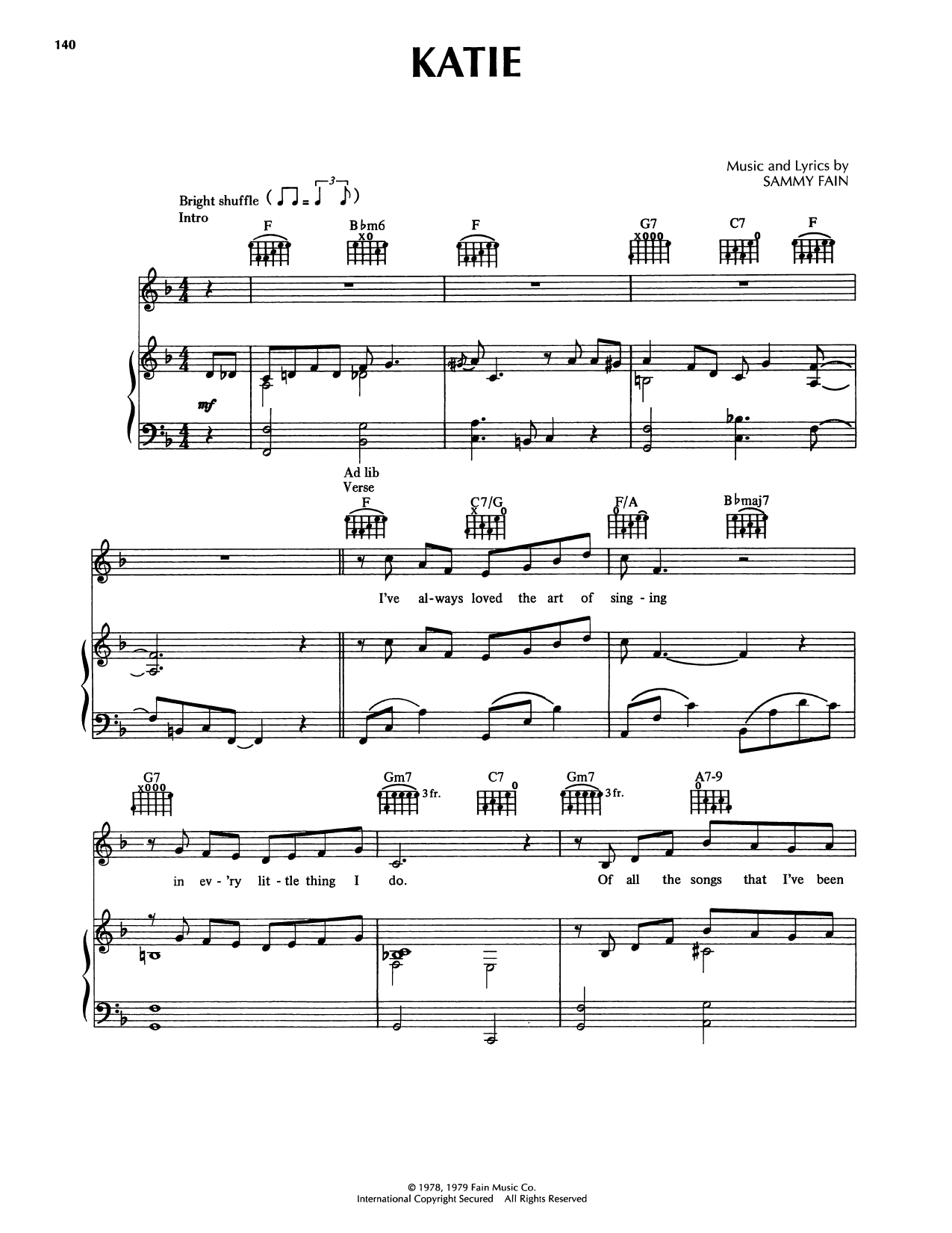 Sammy Fain Katie sheet music notes and chords arranged for Piano, Vocal & Guitar Chords (Right-Hand Melody)