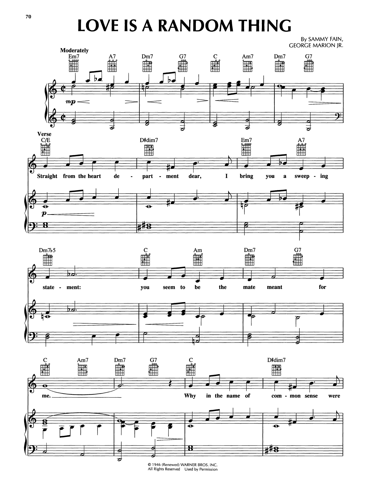Sammy Fain Love Is A Random Thing sheet music notes and chords arranged for Piano, Vocal & Guitar Chords (Right-Hand Melody)