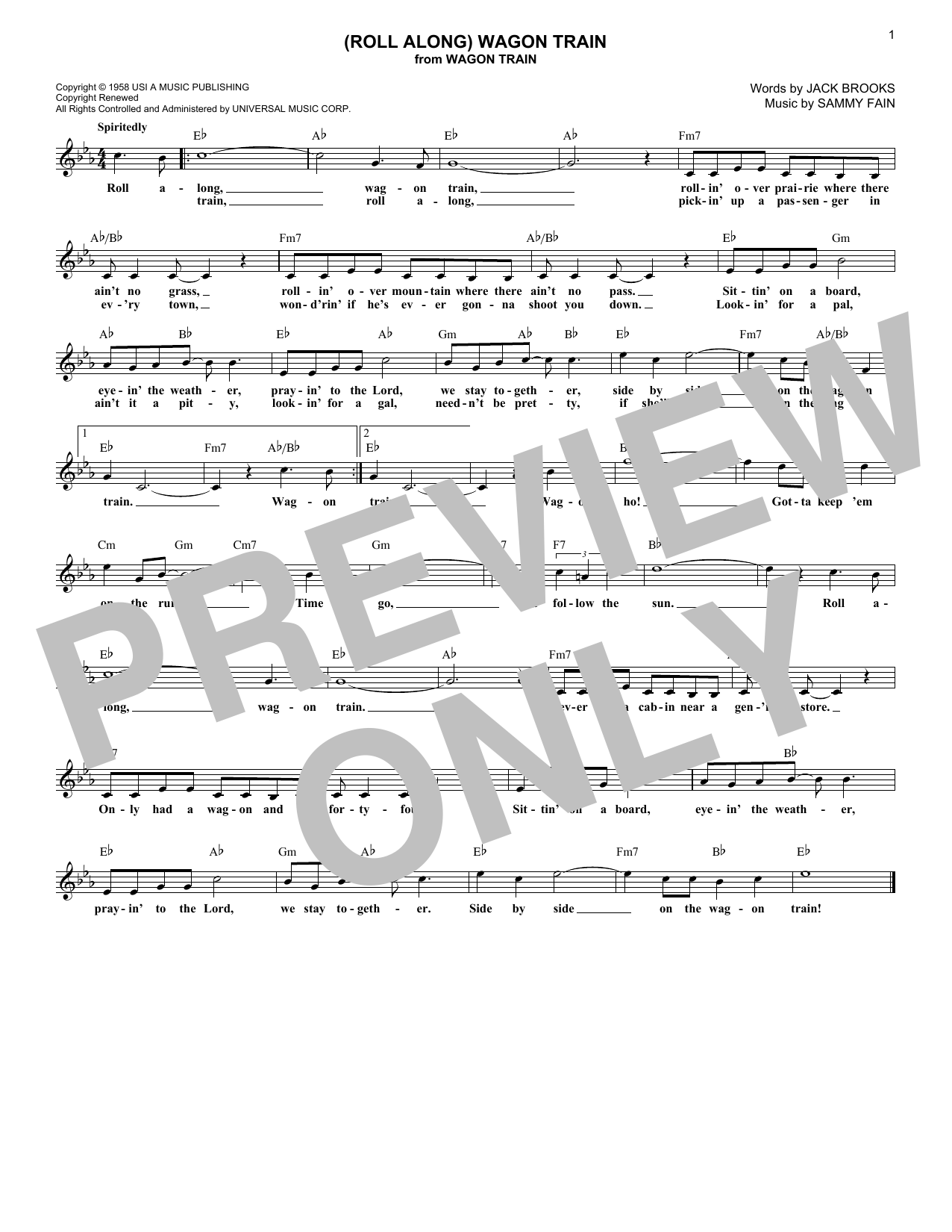 Sammy Fain (Roll Along) Wagon Train sheet music notes and chords arranged for Lead Sheet / Fake Book