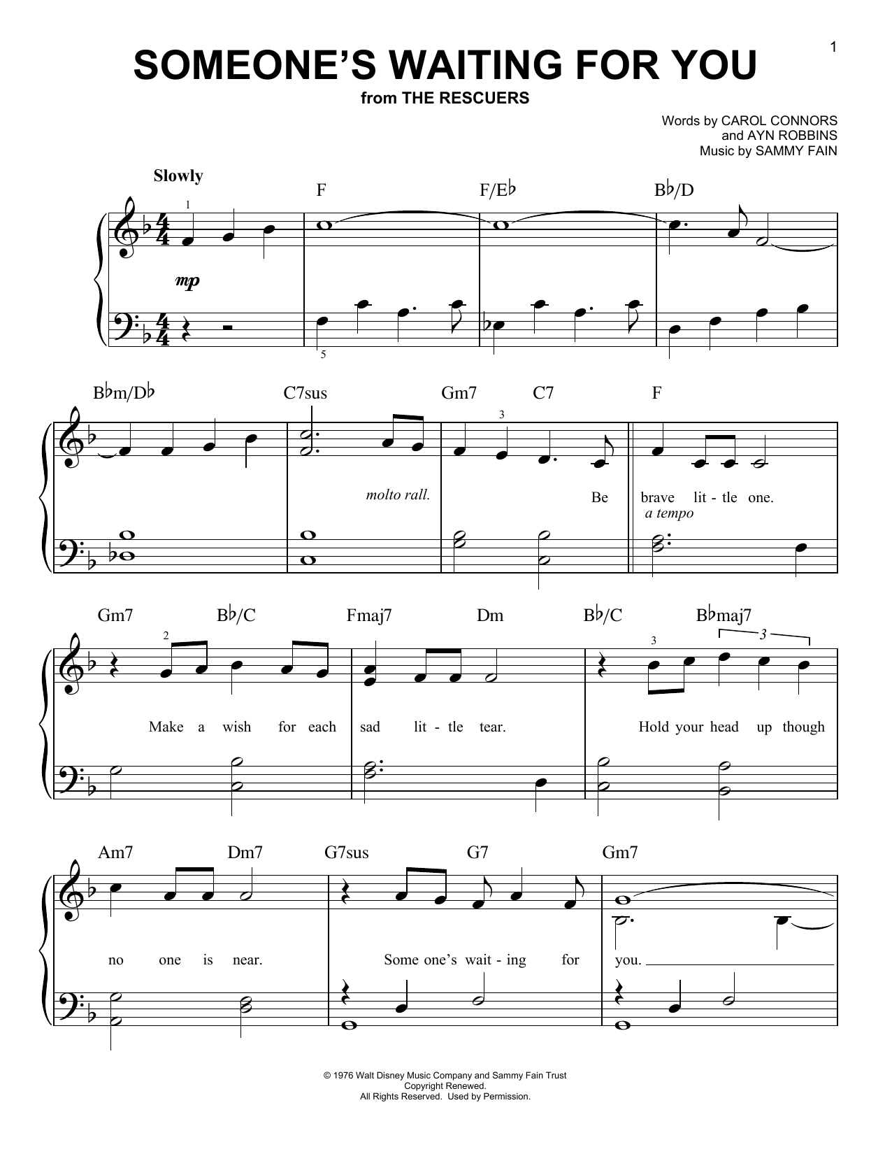 Sammy Fain Someone's Waiting For You (from Disney's The Rescuers) sheet music notes and chords arranged for Really Easy Piano