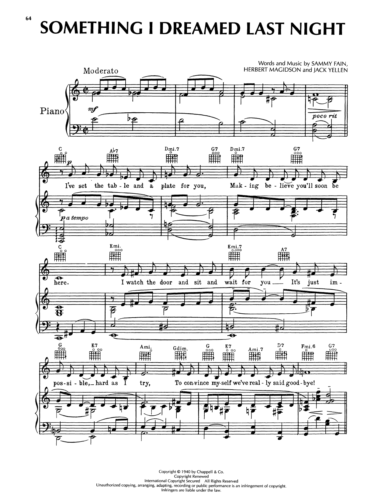 Sammy Fain Something I Dreamed Last Night sheet music notes and chords arranged for Piano, Vocal & Guitar Chords (Right-Hand Melody)