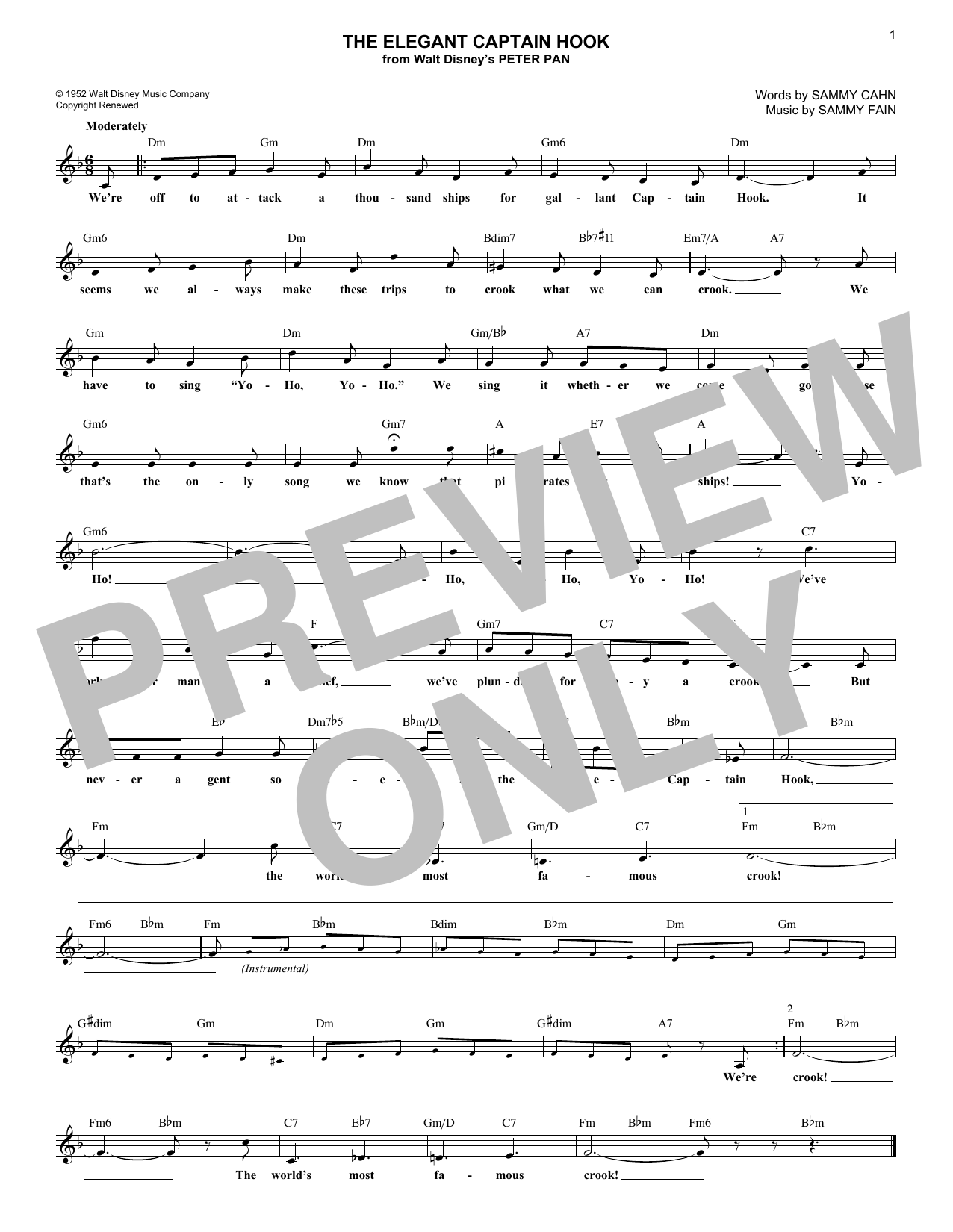 Sammy Fain The Elegant Captain Hook sheet music notes and chords arranged for Piano, Vocal & Guitar Chords (Right-Hand Melody)