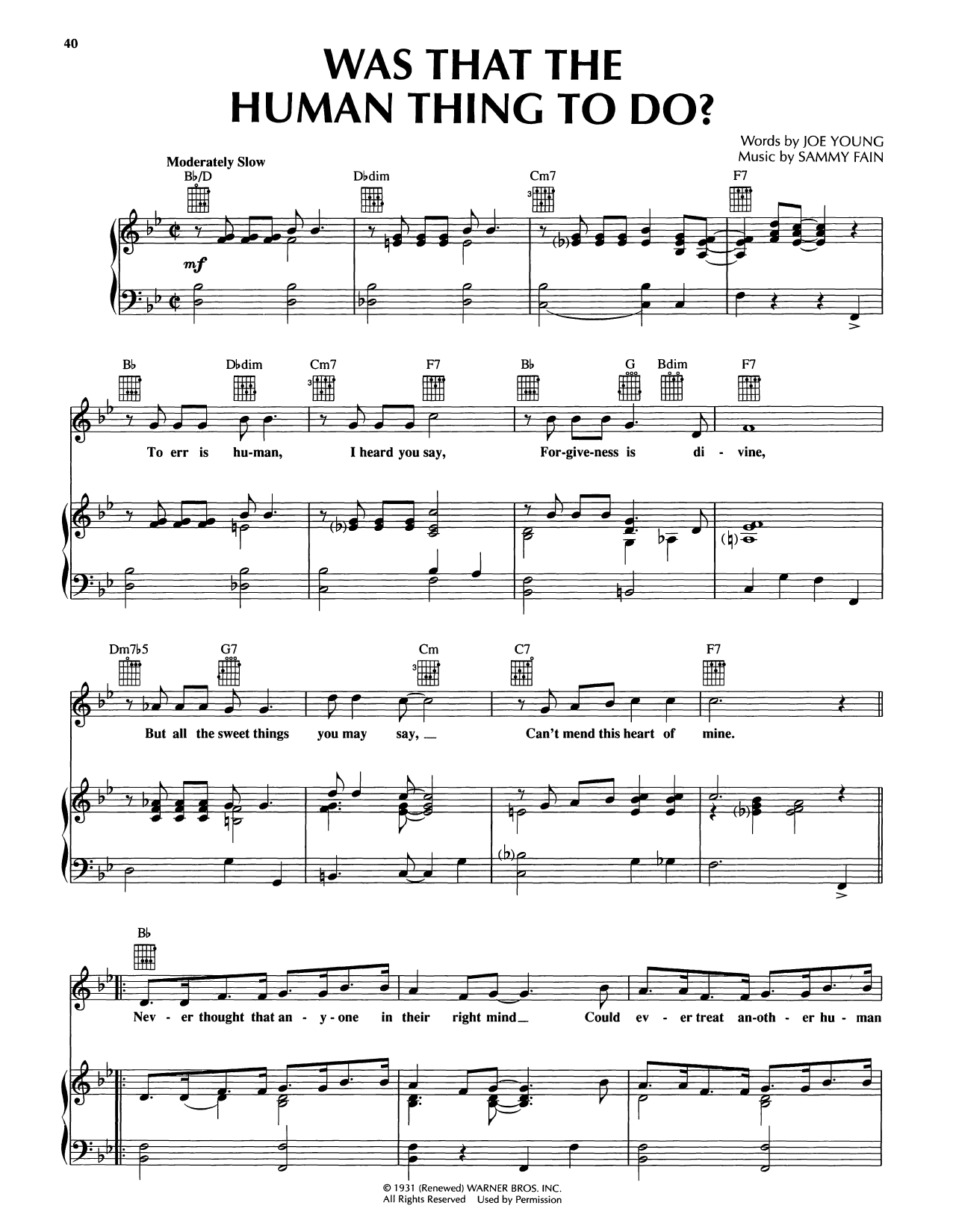 Sammy Fain Was That The Human Thing To Do sheet music notes and chords arranged for Piano, Vocal & Guitar Chords (Right-Hand Melody)