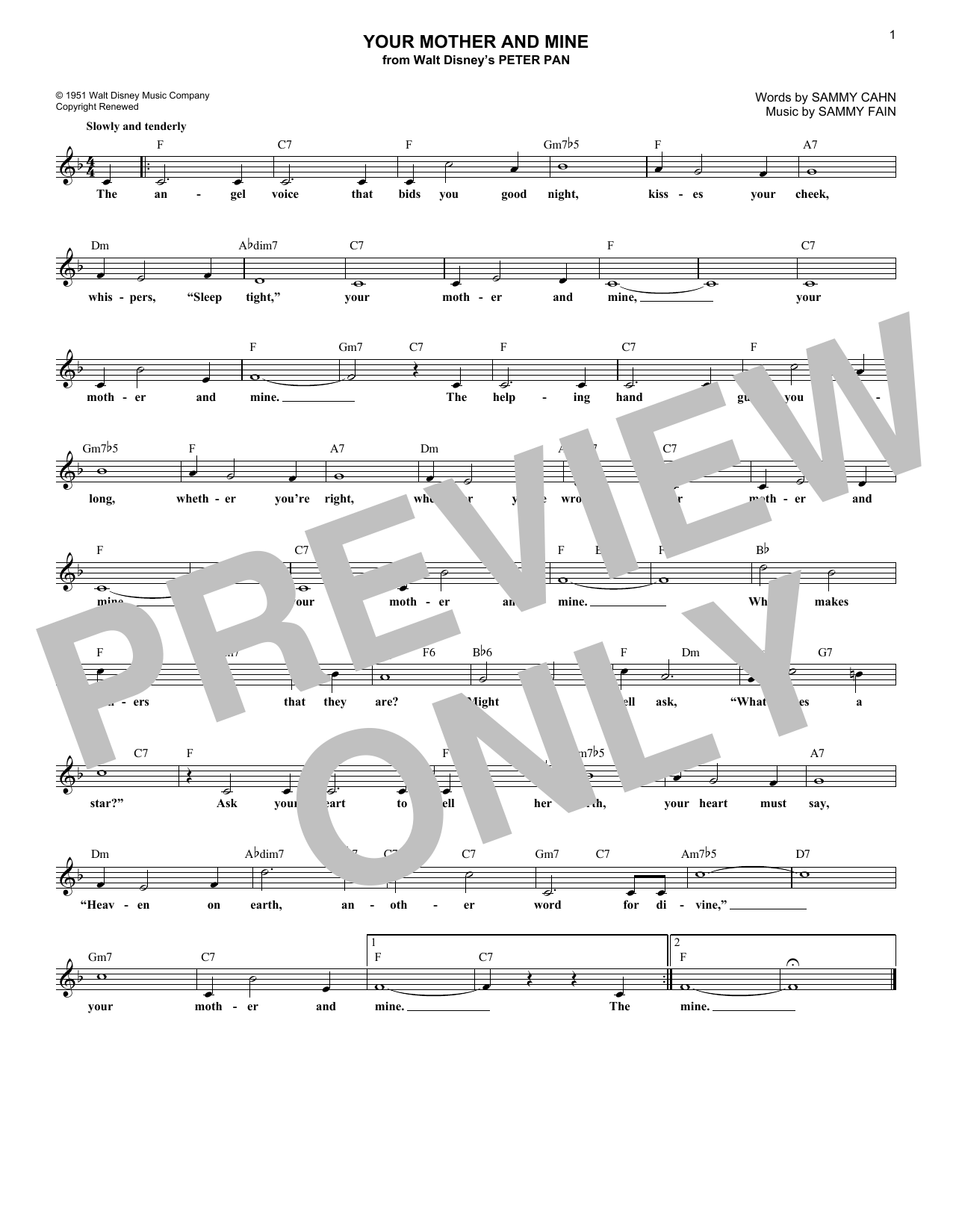 Sammy Fain Your Mother And Mine sheet music notes and chords arranged for Lead Sheet / Fake Book
