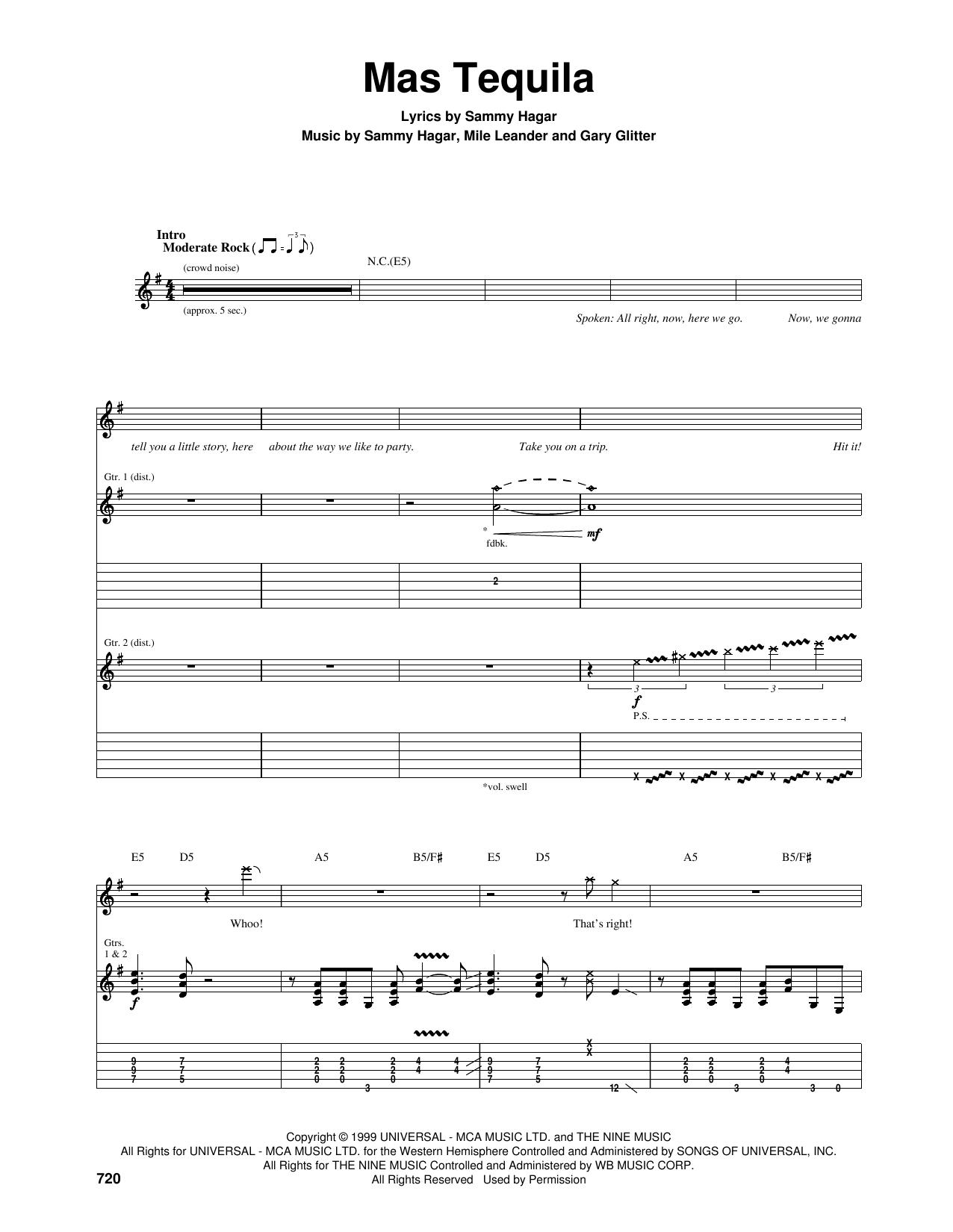 Sammy Hagar Mas Tequila sheet music notes and chords arranged for Guitar Tab