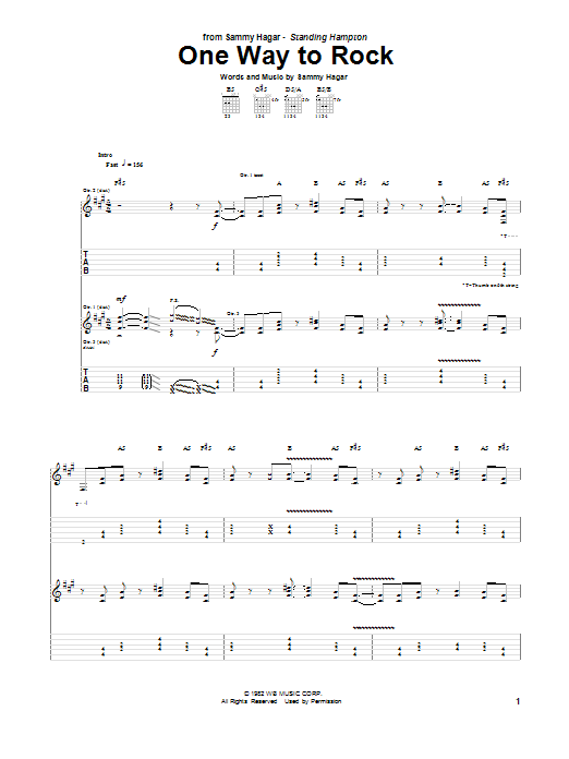 Sammy Hagar One Way To Rock sheet music notes and chords arranged for Guitar Tab
