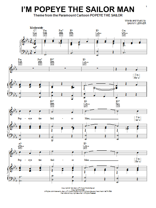 Sammy Lerner I'm Popeye The Sailor Man sheet music notes and chords arranged for Piano Chords/Lyrics