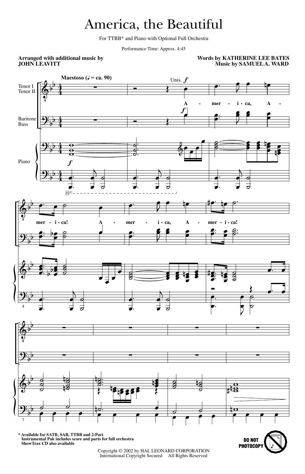Samuel A. Ward America, The Beautiful (arr. John Leavitt) sheet music notes and chords arranged for TTBB Choir