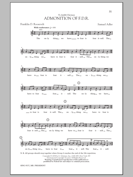 Samuel Adler Admonition Of FDR sheet music notes and chords arranged for Choir