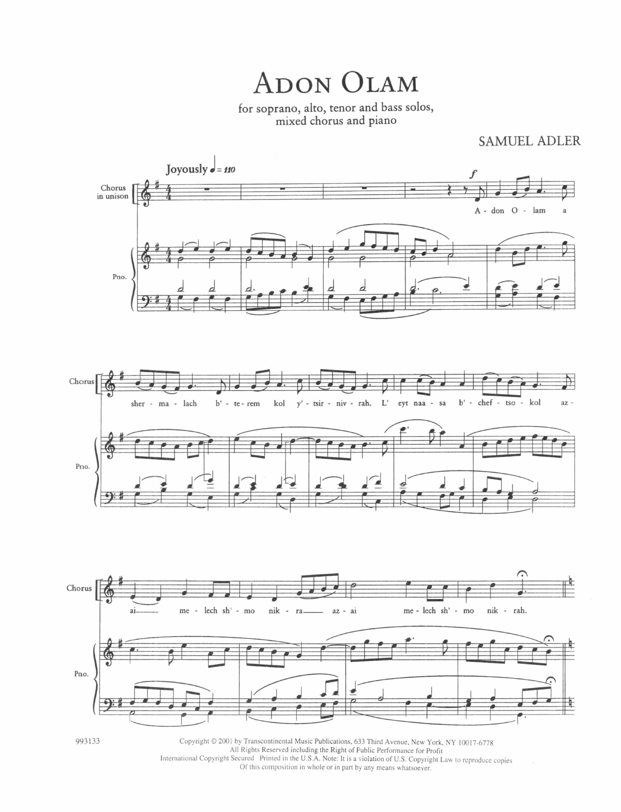 Samuel Adler Five Sephardic Choruses: Adon Olam sheet music notes and chords arranged for SATB Choir