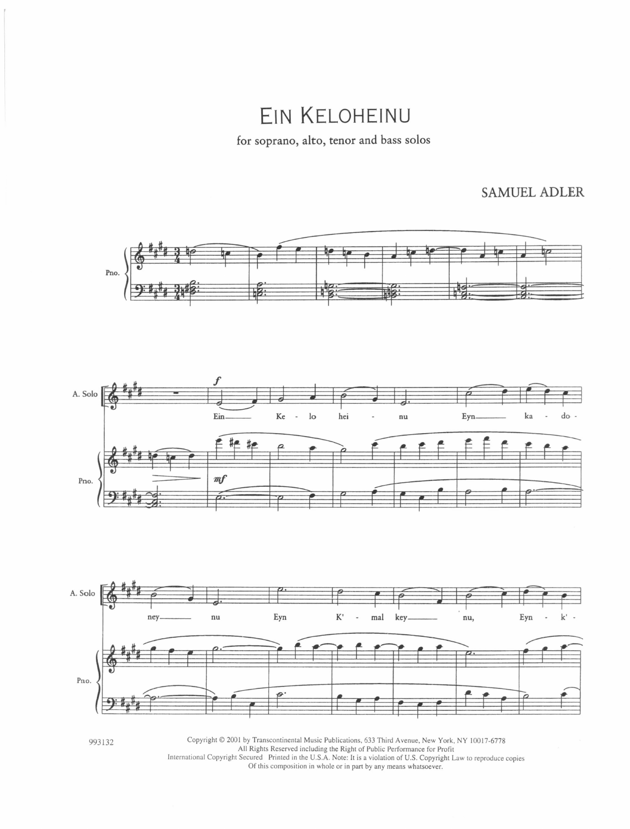 Samuel Adler Five Sephardic Choruses: Ein Keloheinu sheet music notes and chords arranged for SATB Choir