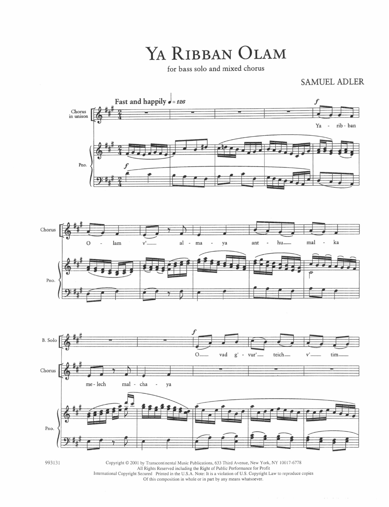 Samuel Adler Five Sephardic Choruses: Ya Ribban Olam sheet music notes and chords arranged for SATB Choir