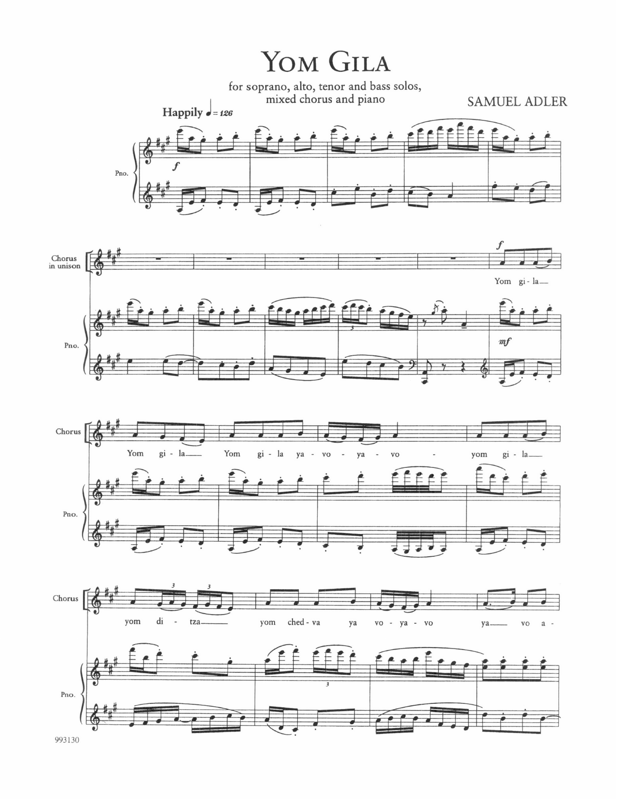 Samuel Adler Five Sephardic Choruses: Yom Gila sheet music notes and chords arranged for SATB Choir