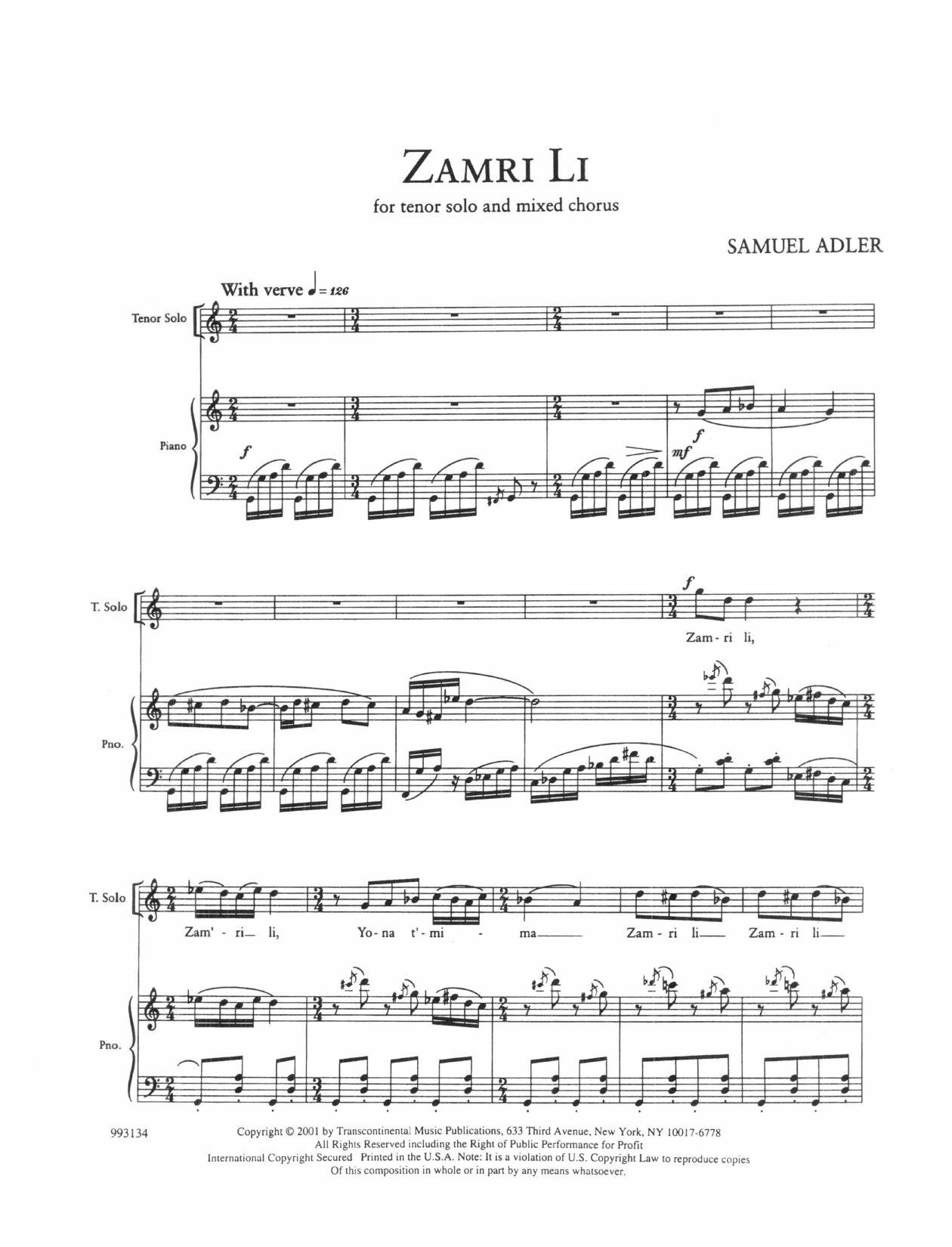 Samuel Adler Five Sephardic Choruses: Zamri Li sheet music notes and chords arranged for SATB Choir