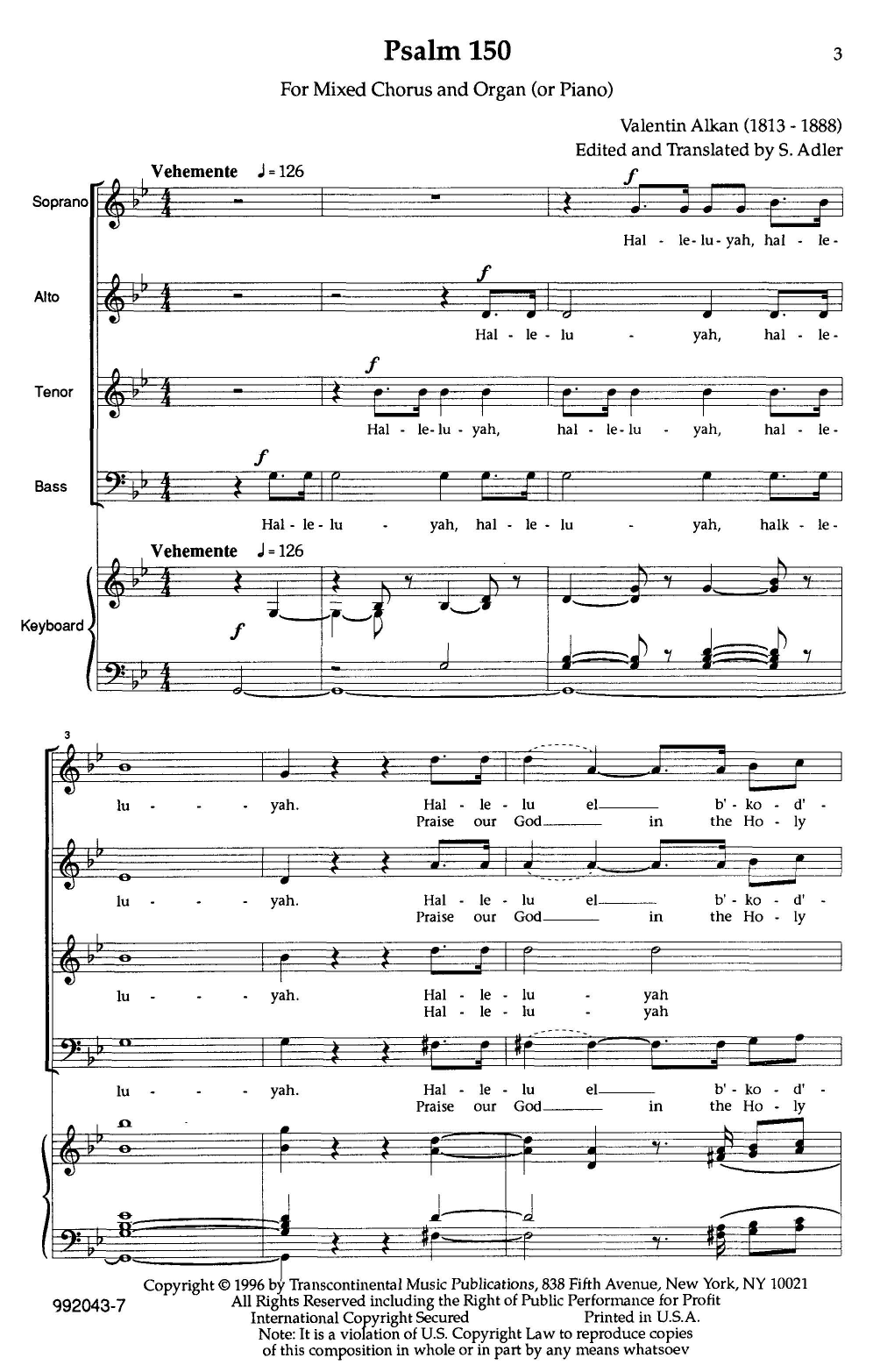 Samuel Adler Hallelujah (Psalm 150) sheet music notes and chords arranged for SATB Choir