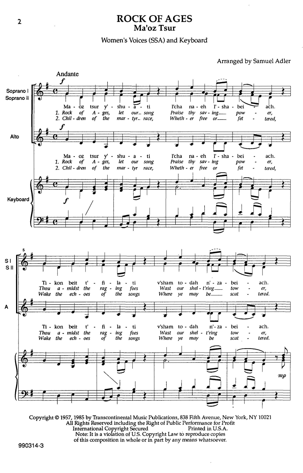 Samuel Adler Ma'oz Tzur (Rock Of Ages) sheet music notes and chords arranged for SSA Choir