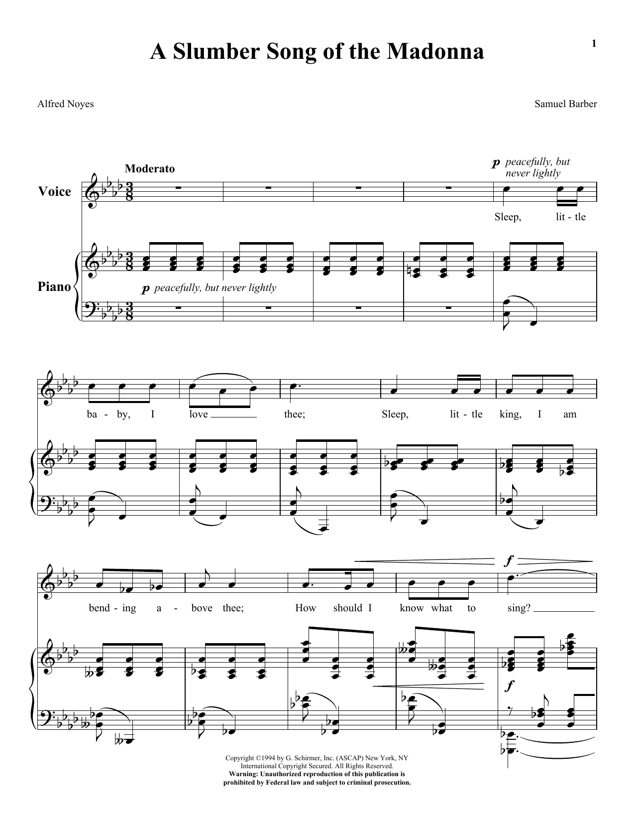 Samuel Barber A Slumber Song Of The Madonna sheet music notes and chords arranged for Piano & Vocal