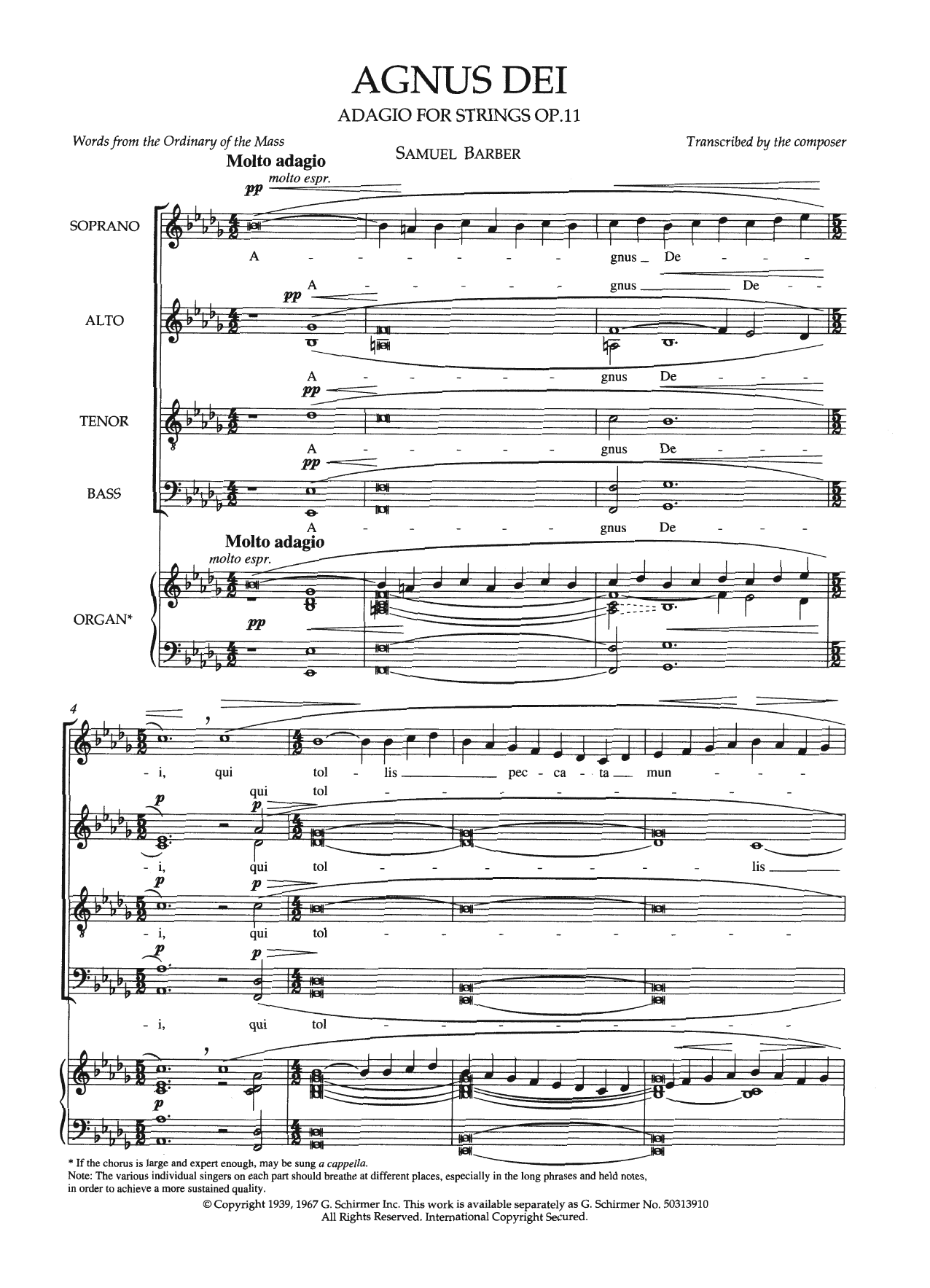 Samuel Barber Agnus Dei sheet music notes and chords arranged for Choir