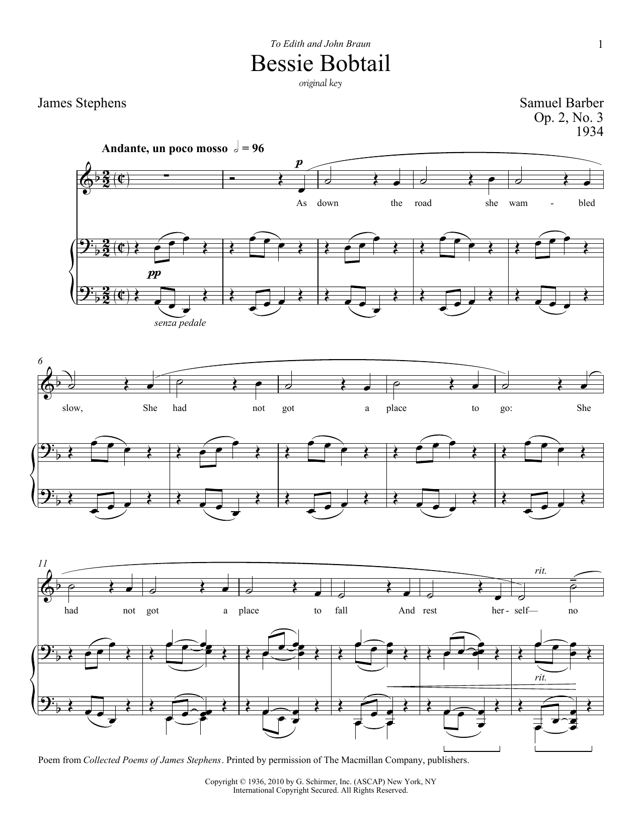 Samuel Barber Bessie Bobtail sheet music notes and chords arranged for Piano & Vocal