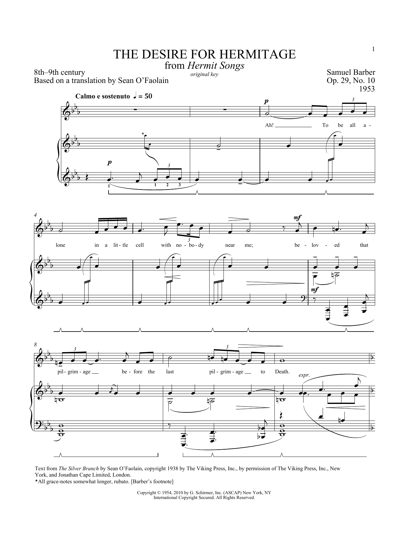 Samuel Barber Desire For Hermitage, Op. 29, No. 10 sheet music notes and chords arranged for Piano & Vocal