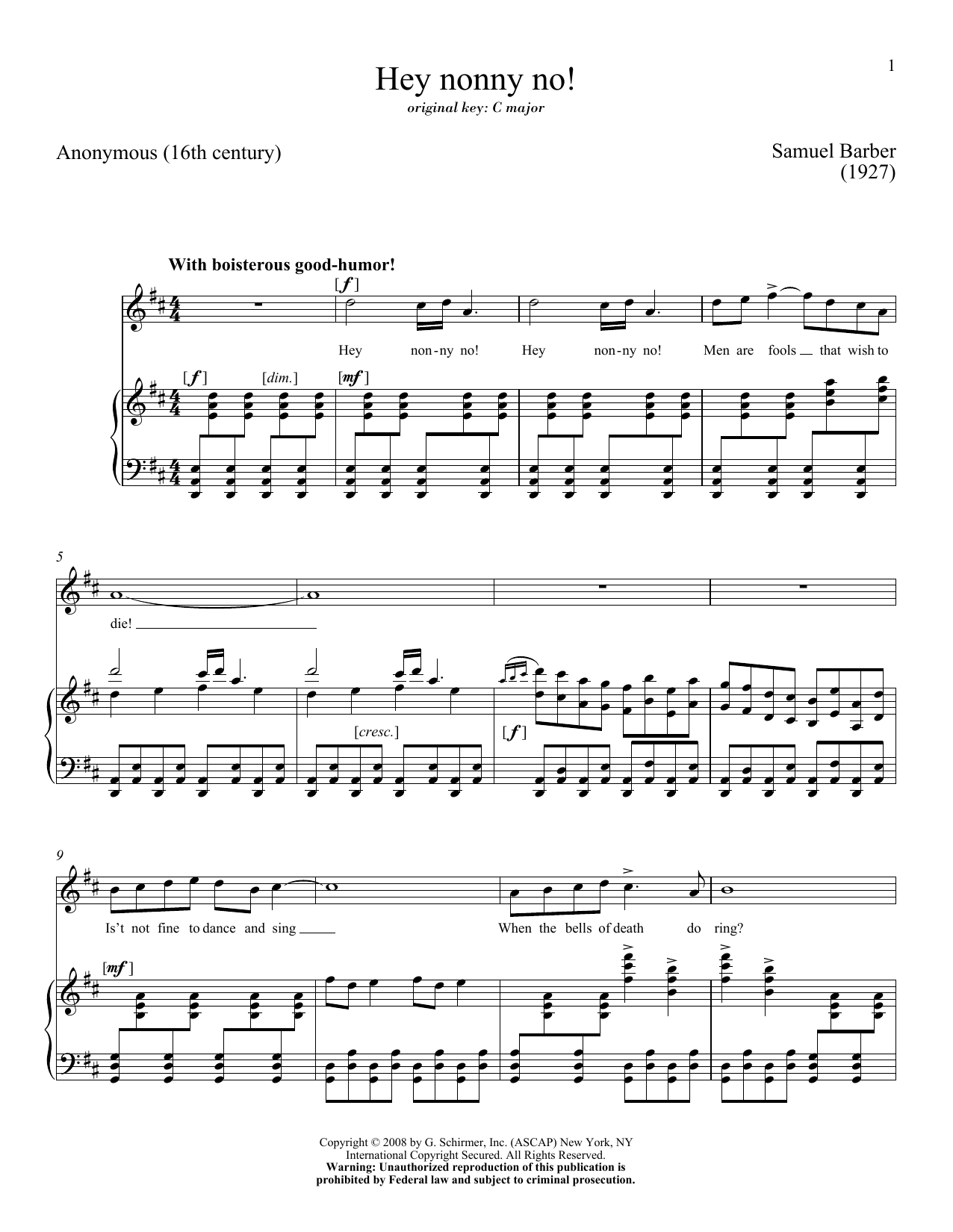Samuel Barber Hey Nonny-No! sheet music notes and chords arranged for Piano & Vocal
