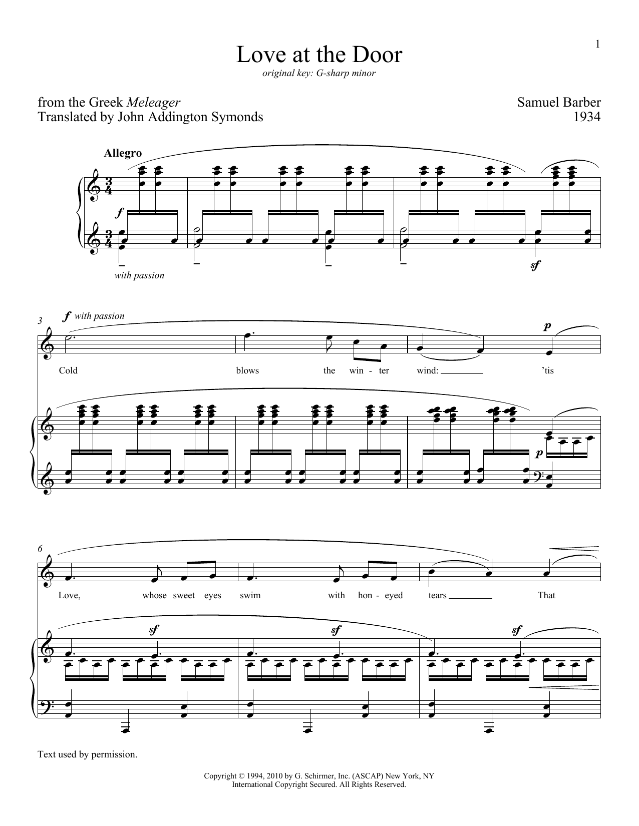 Samuel Barber Love At The Door sheet music notes and chords arranged for Piano & Vocal