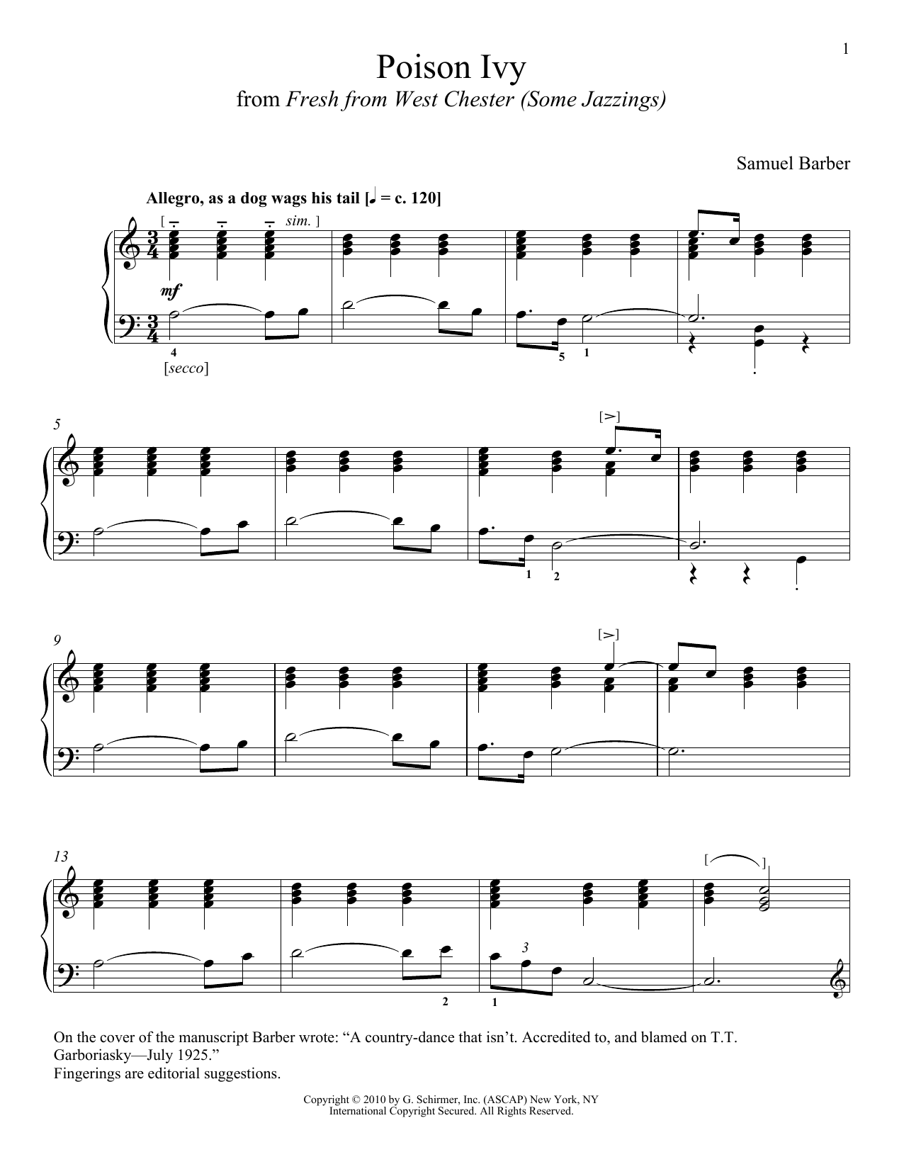 Samuel Barber Poison Ivy sheet music notes and chords arranged for Piano Solo