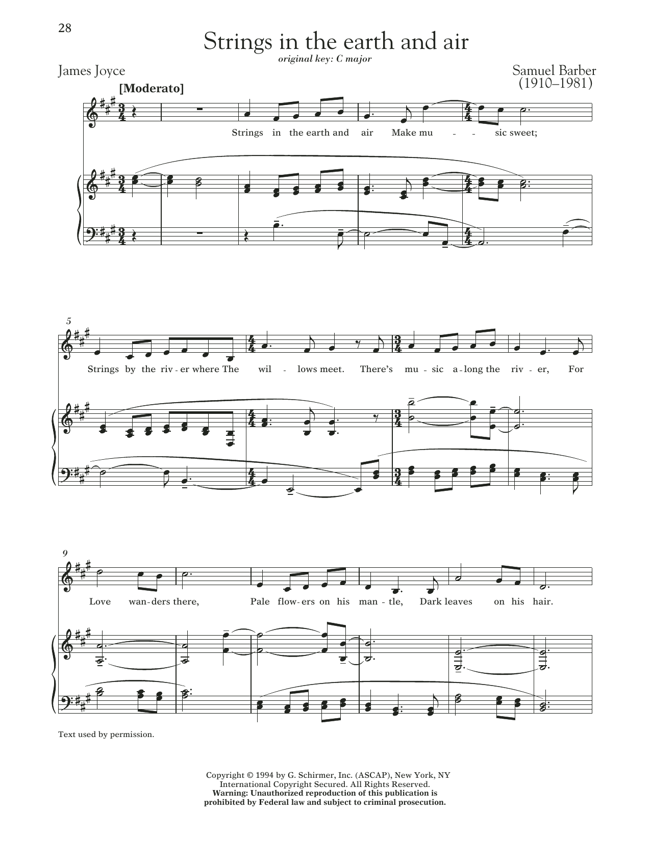 Samuel Barber Strings In The Earth And Air sheet music notes and chords arranged for Piano & Vocal